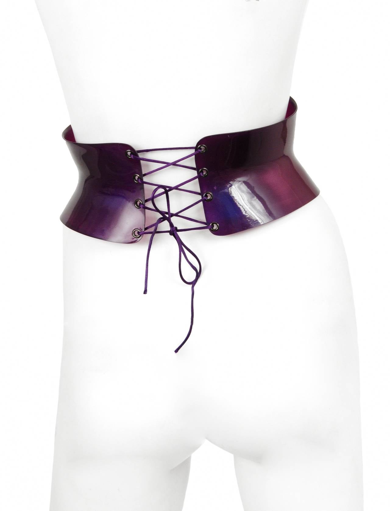 Vintage Thierry Mugler wide acrylic waist corset with iridescent sheen and lacing.