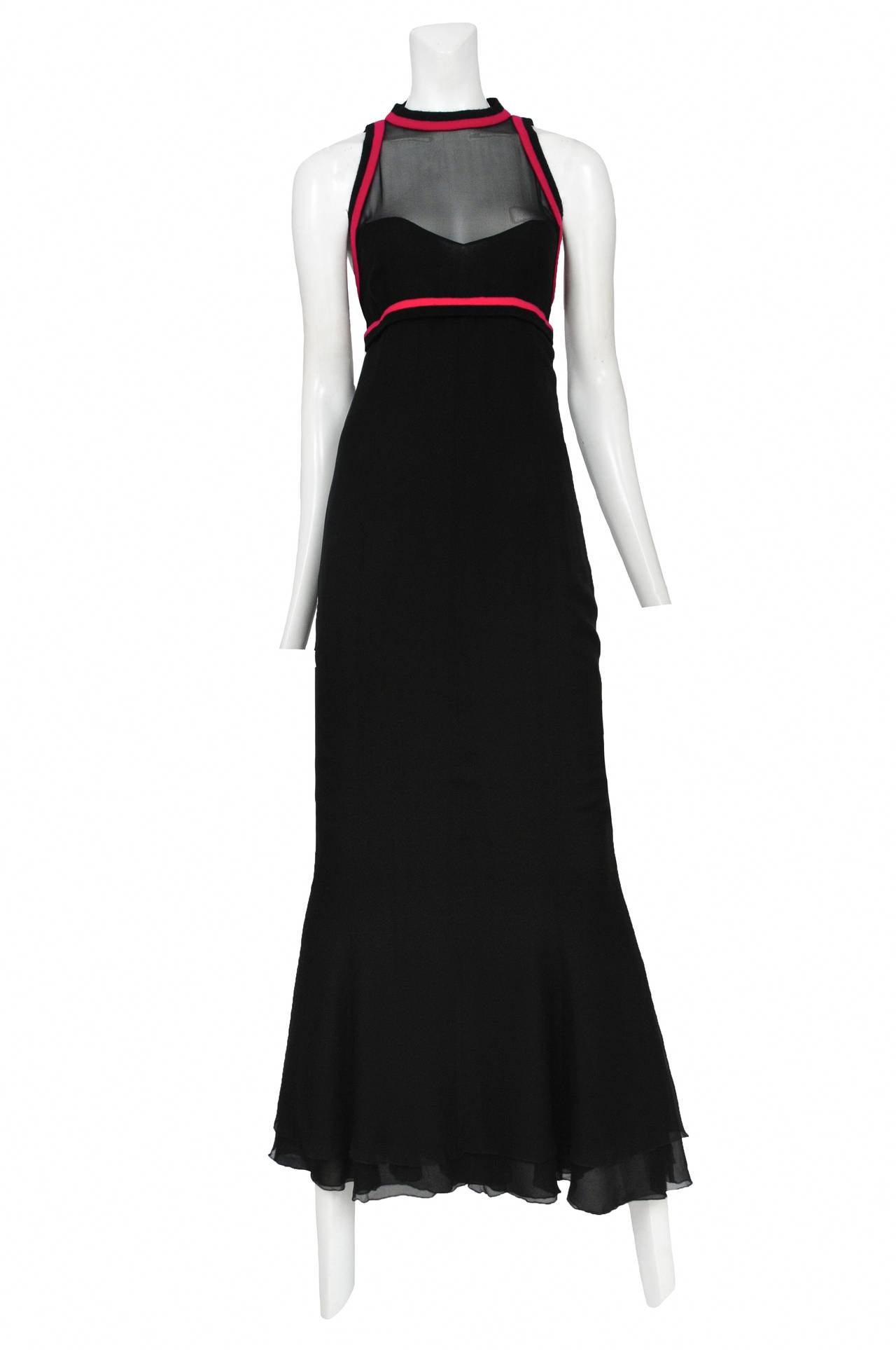 Chanel Black Chiffon Gown With Fuchsia Trim