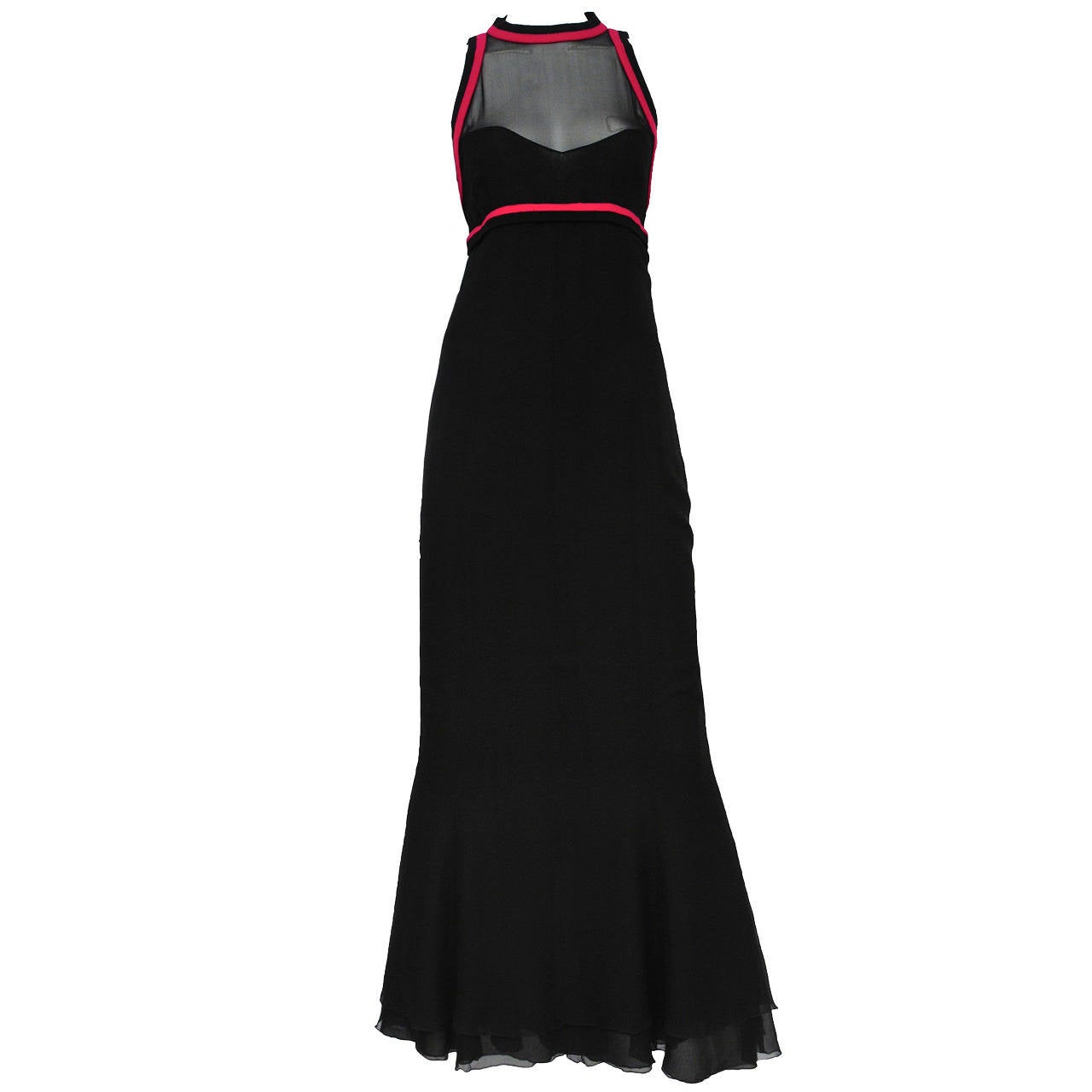 Chanel Black Chiffon Gown With Fuchsia Trim