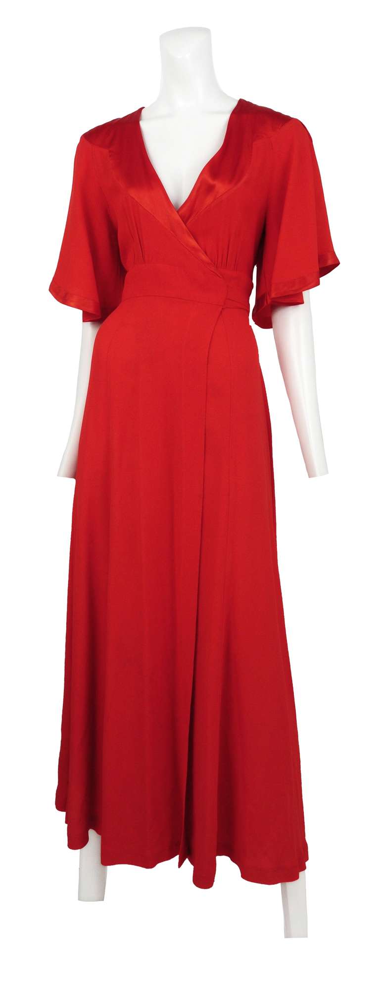 Ossie Clark red crepe wrap dress with red stain insets.
