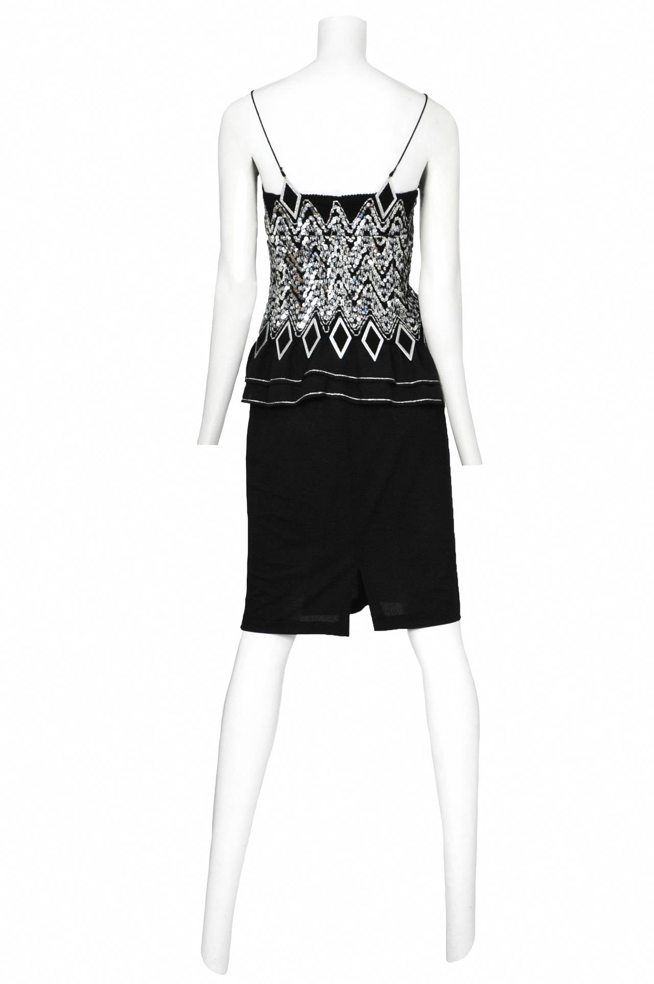Vintage Jacques Cassia black knit ensemble featuring a spaghetti strap camisole adorned with silver sequins and metallic embroidery over intricate smocking as well as architectural black and silver diamond plates decorating the hem and straps. The