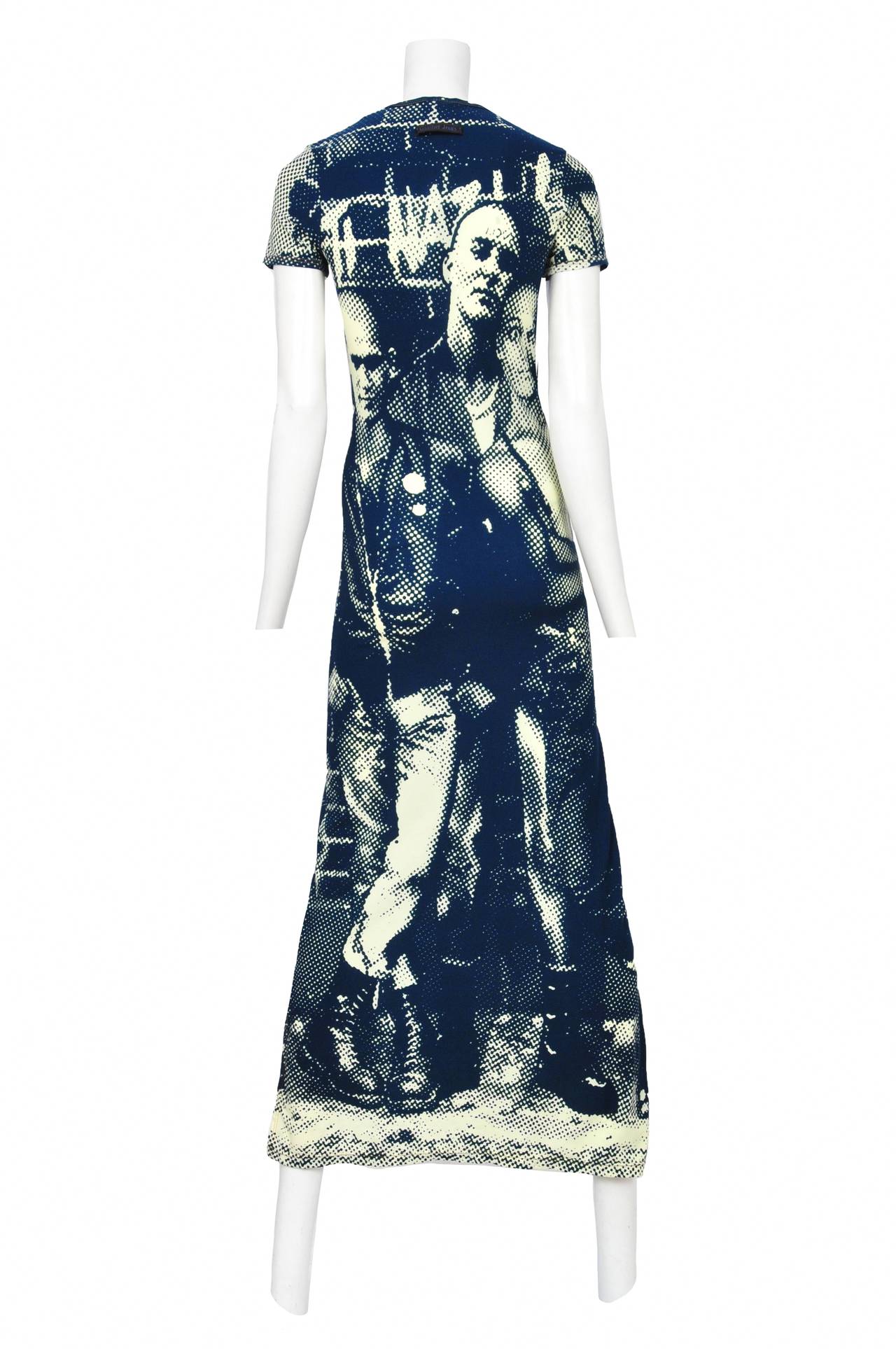 Vintage Jean Paul Gaultier dress with blue tone newspaper print graphic with the slogan 
