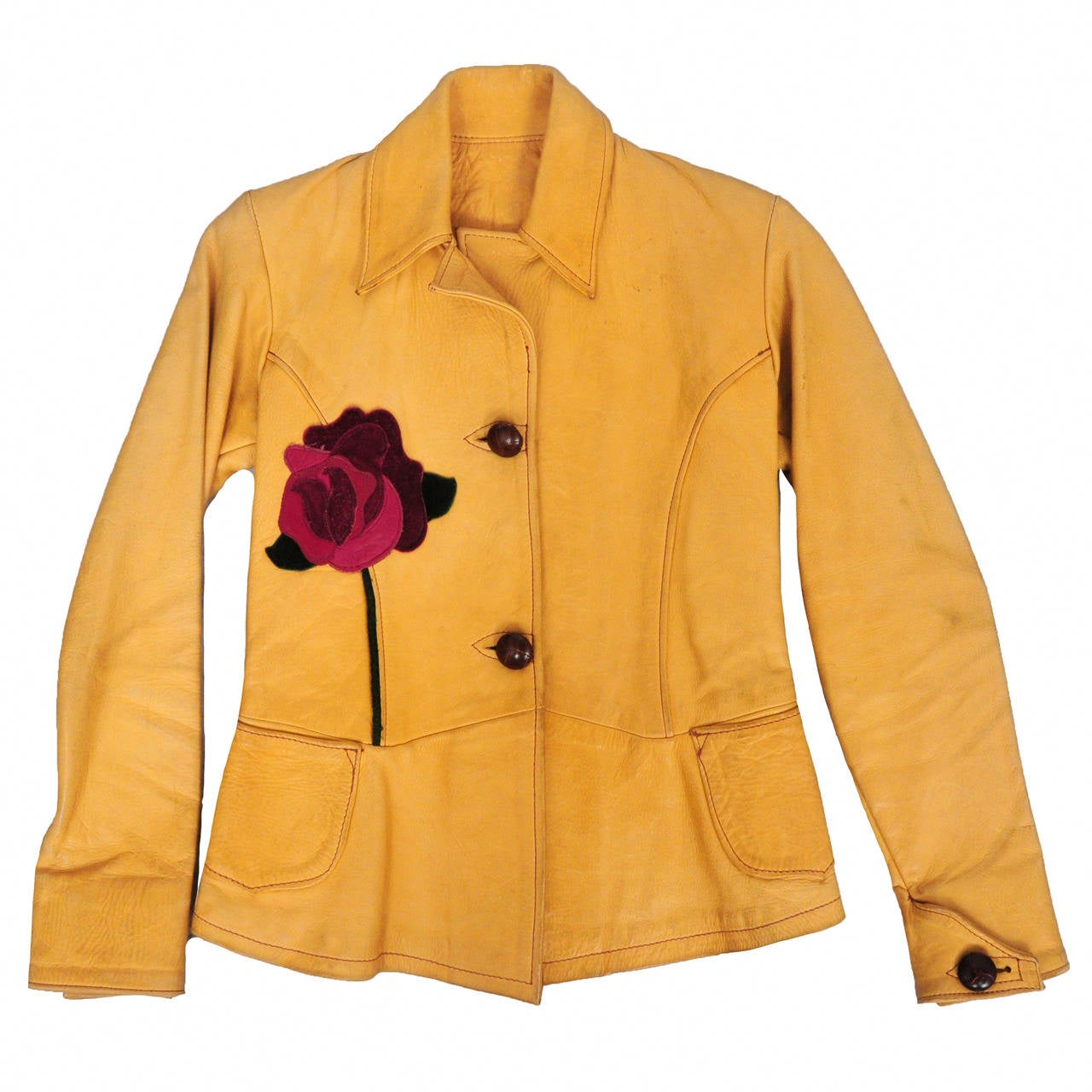 East West Leather Butter Yellow Flower Applique Jacket