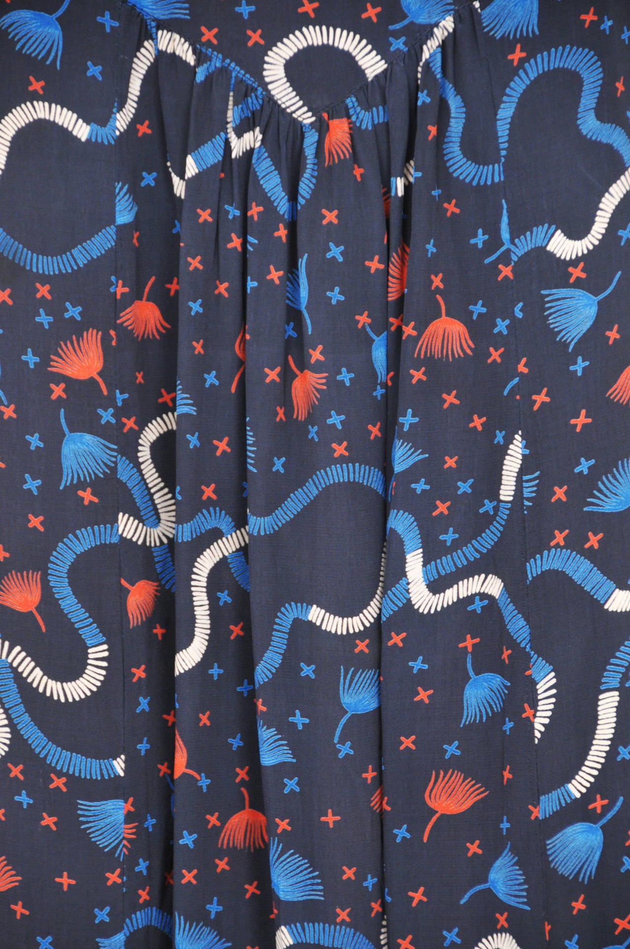 Vintage Ossie Clark navy blue printed rayon sleeveless maxi dress featuring the Celia Birtwell 