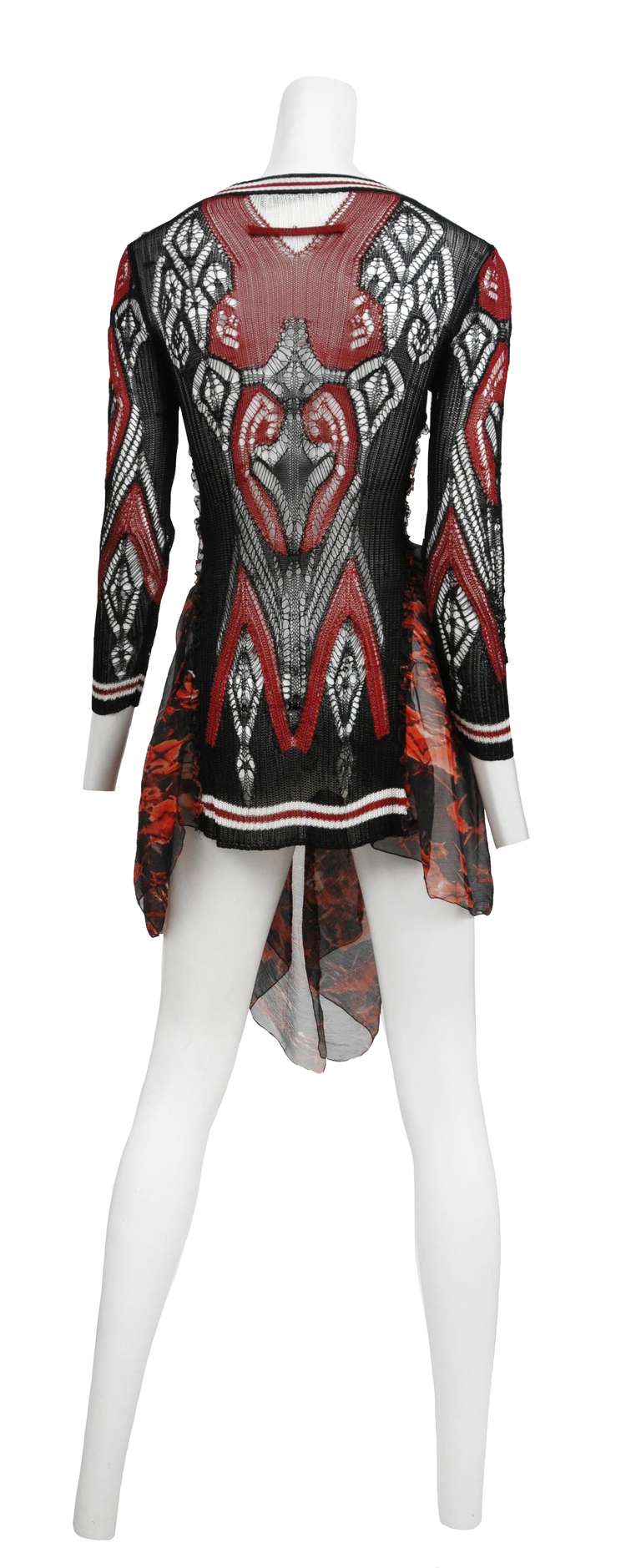 Jean Paul Gaultier crochet knit tunic top with printed chiffon panels.