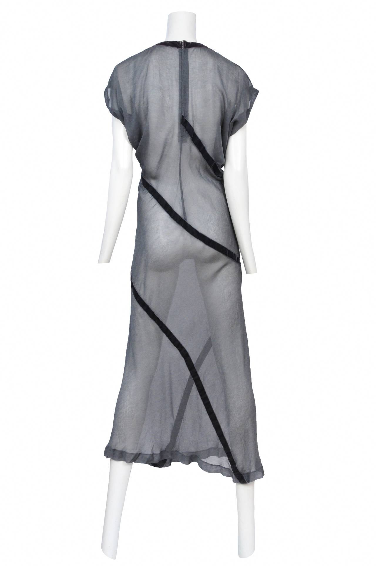 Vintage Comme des Garcons bias cut sheer grey lilac v-neck maxi dress featuring velvet trim throughout the bodice and along the neckline.