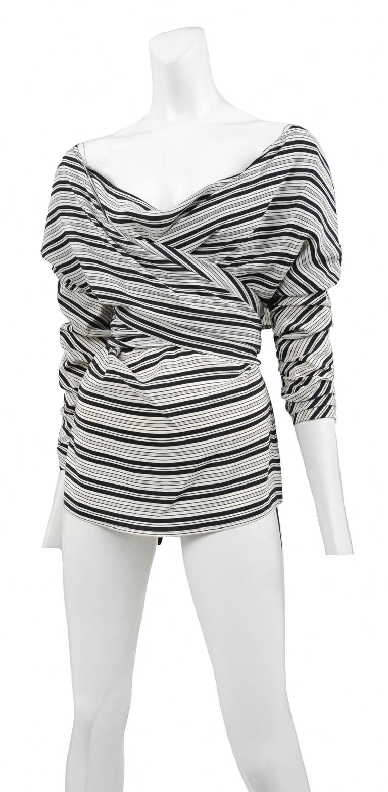 Black and White stripe slouchy silk top with wrap around scarf detail.