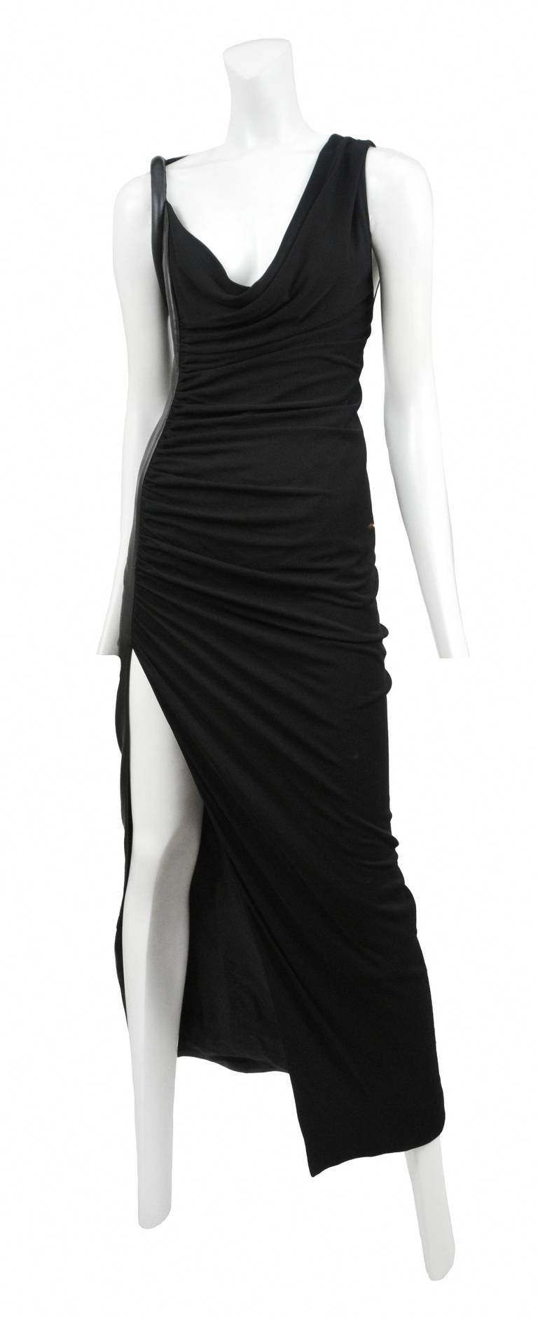 Black ruched jersey dress with full leather back detail and twist detail.