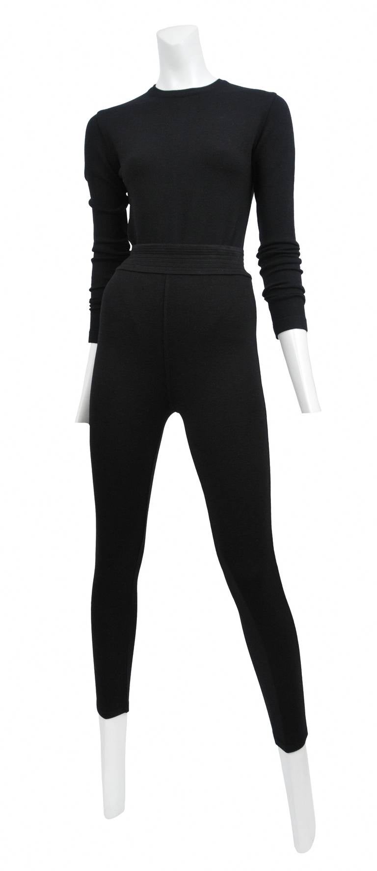 Alaia black knit high waisted leggings set shown with its matching black long sleeve bodysuit. So adorable paired with an Alaia leather belt! 

Measurements: 32