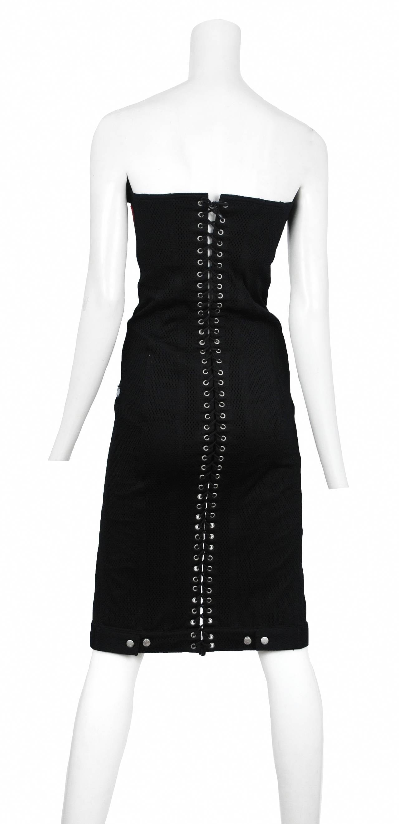 Vintage Jean Paul Gaultier black denim strapless button down dress with perforated jersey overlay printed 