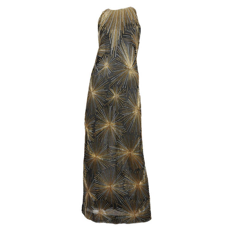 Halston Black and Gold Beaded Gown