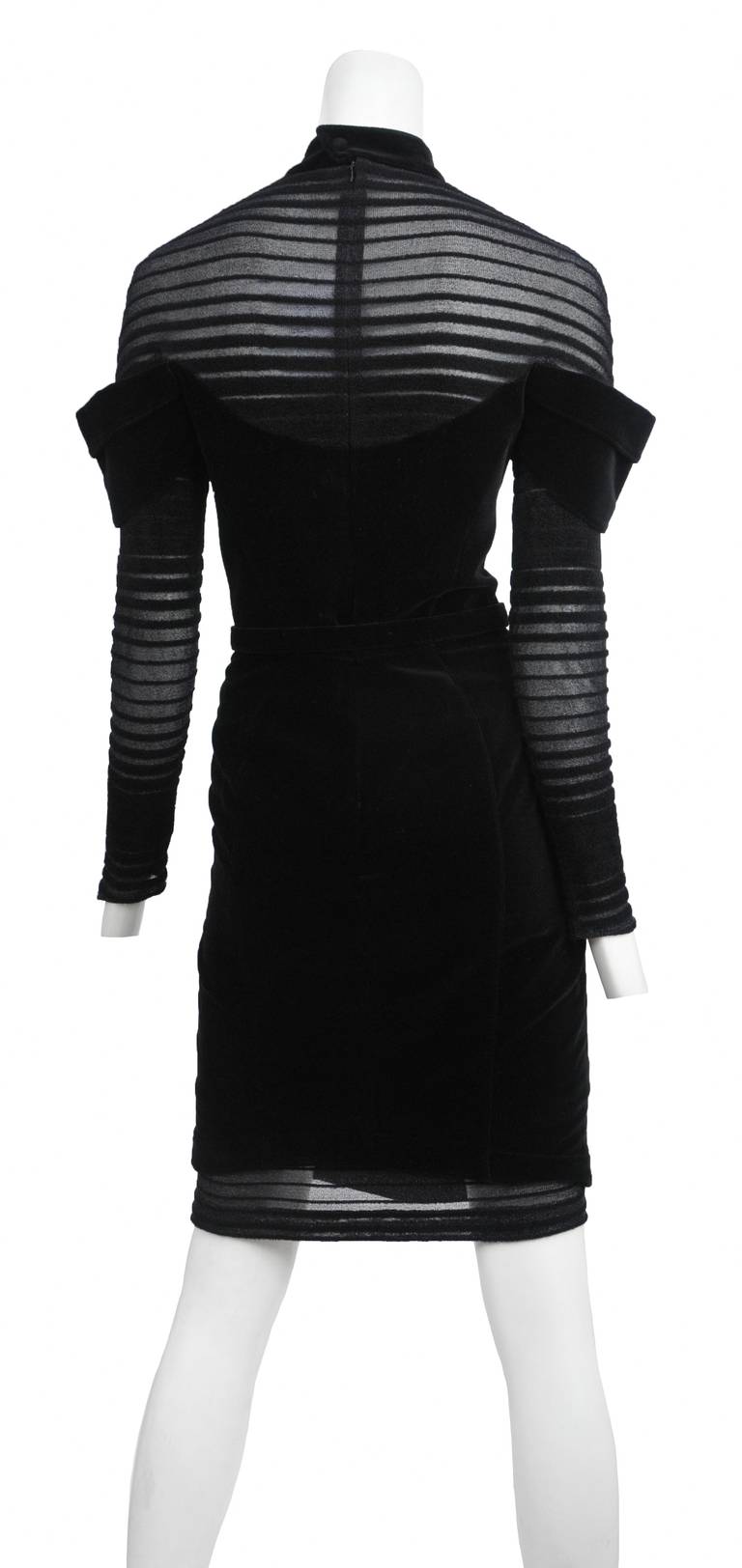 Vintage Thierry Mugler Black Velvet structured dress with stripe mesh burnout insets and fabric belt.