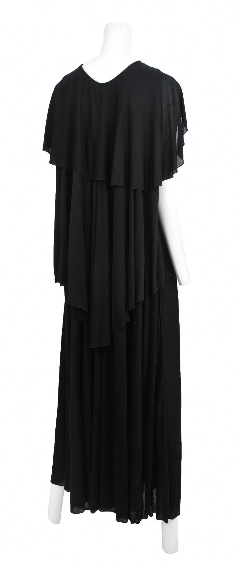 Vintage Holly's Harp black jersey caftan gown with butterfly cape that ties in front with deep V neck.