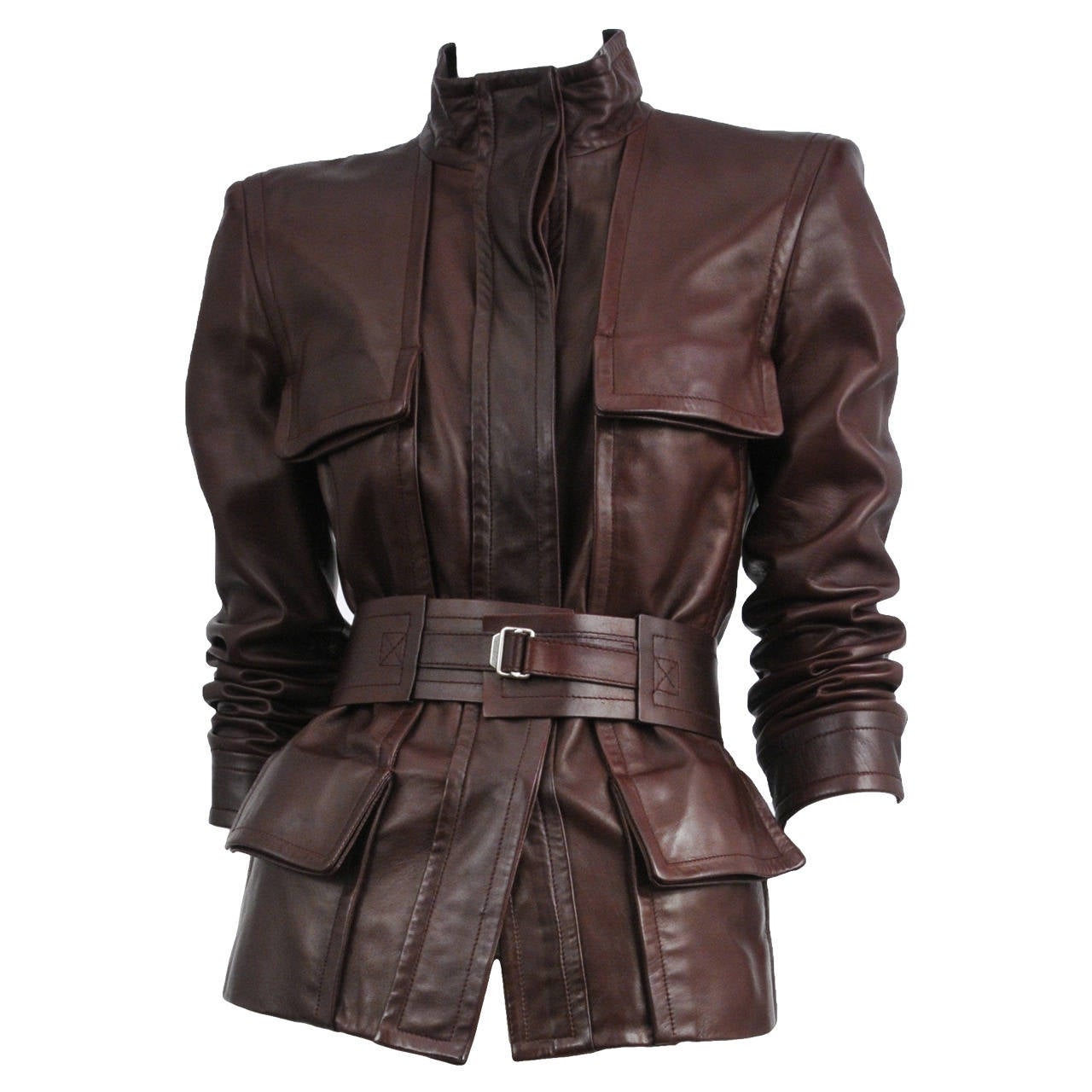 Tom Ford Burgundy Leather Belted Jacket