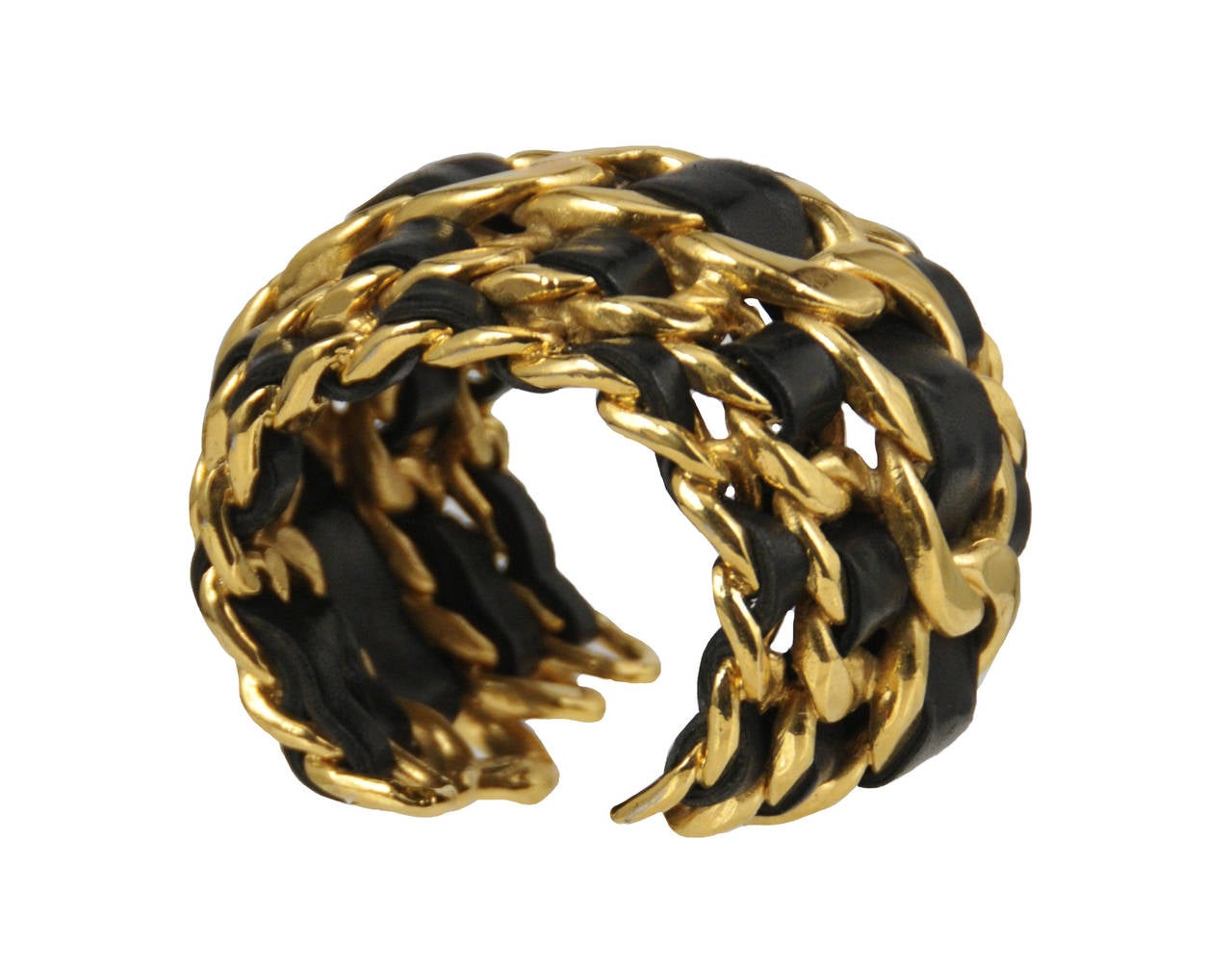 Vintage Chanel black leather and brushed gold stacked chain cuff.