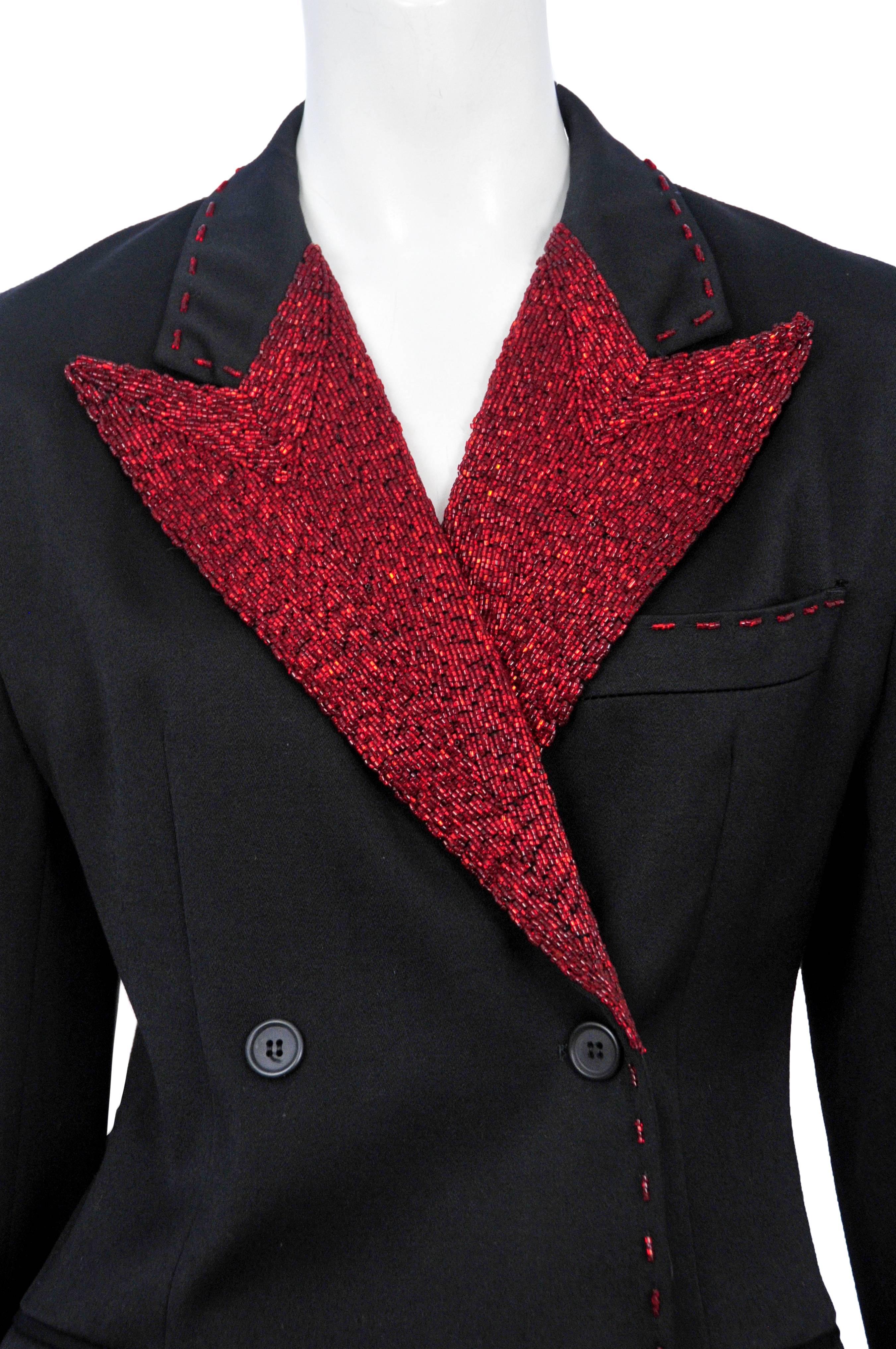 Vintage Dolce & Gabbana black double breasted evening blazer featuring a red beaded lapel and red bead 
