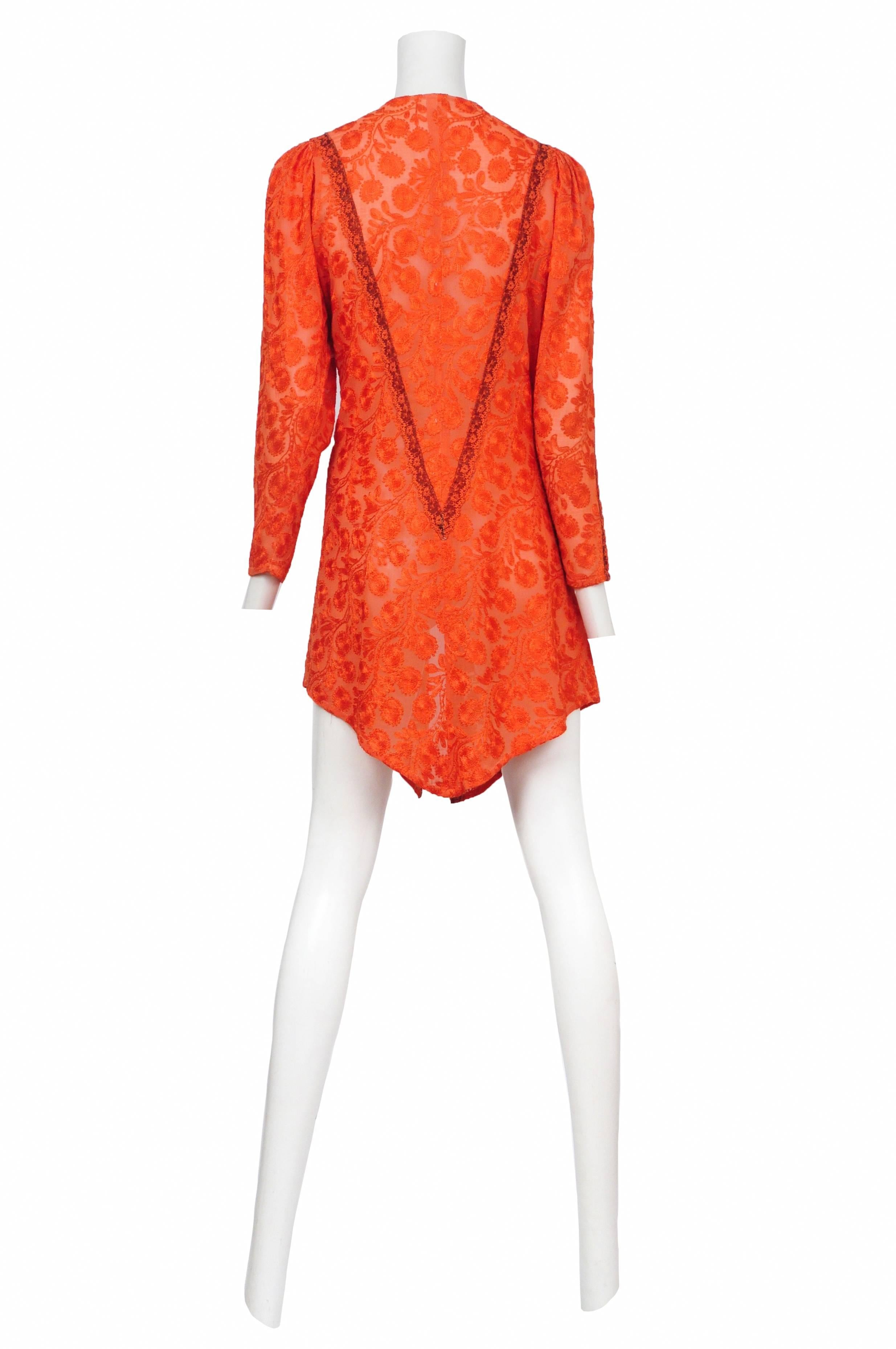 Vintage Thea Porter tonal orange embroidered tunic, featuring a bias cut hem and 3/4 length sleeves. 
