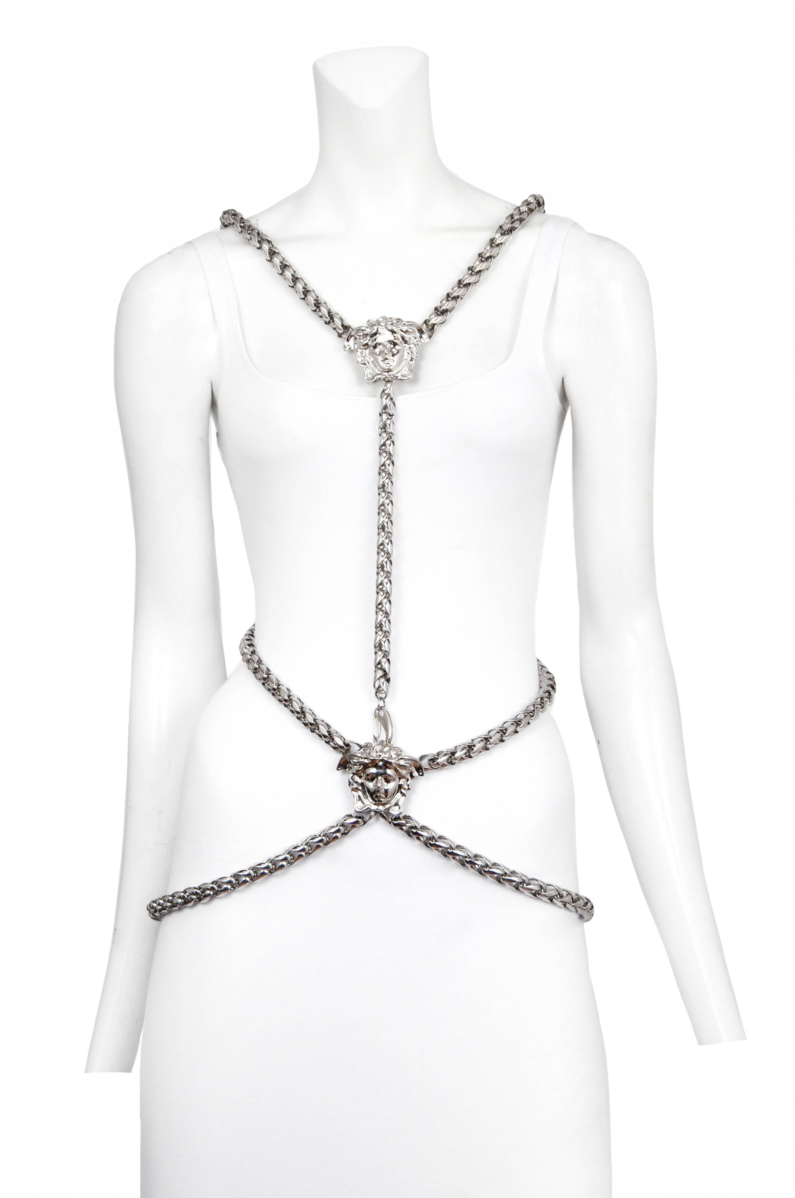 Vintage Versace silver tone chain body harness featuring the designer's signature emblem in the center, front and back.