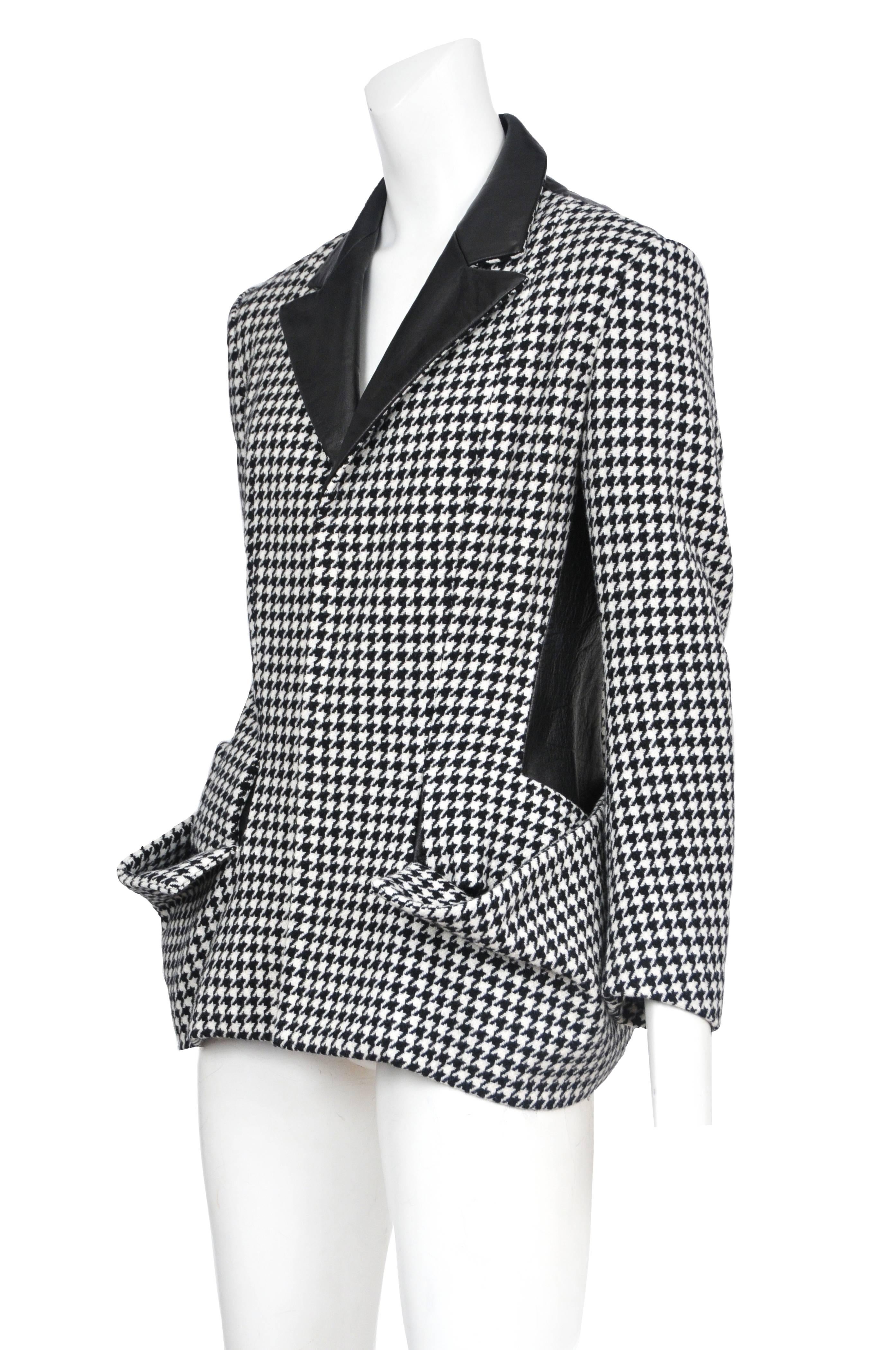 Vintage Yohji Yamamoto jacket featuring a woven wool houndstooth pattern, loosely draped pockets and leather collar.