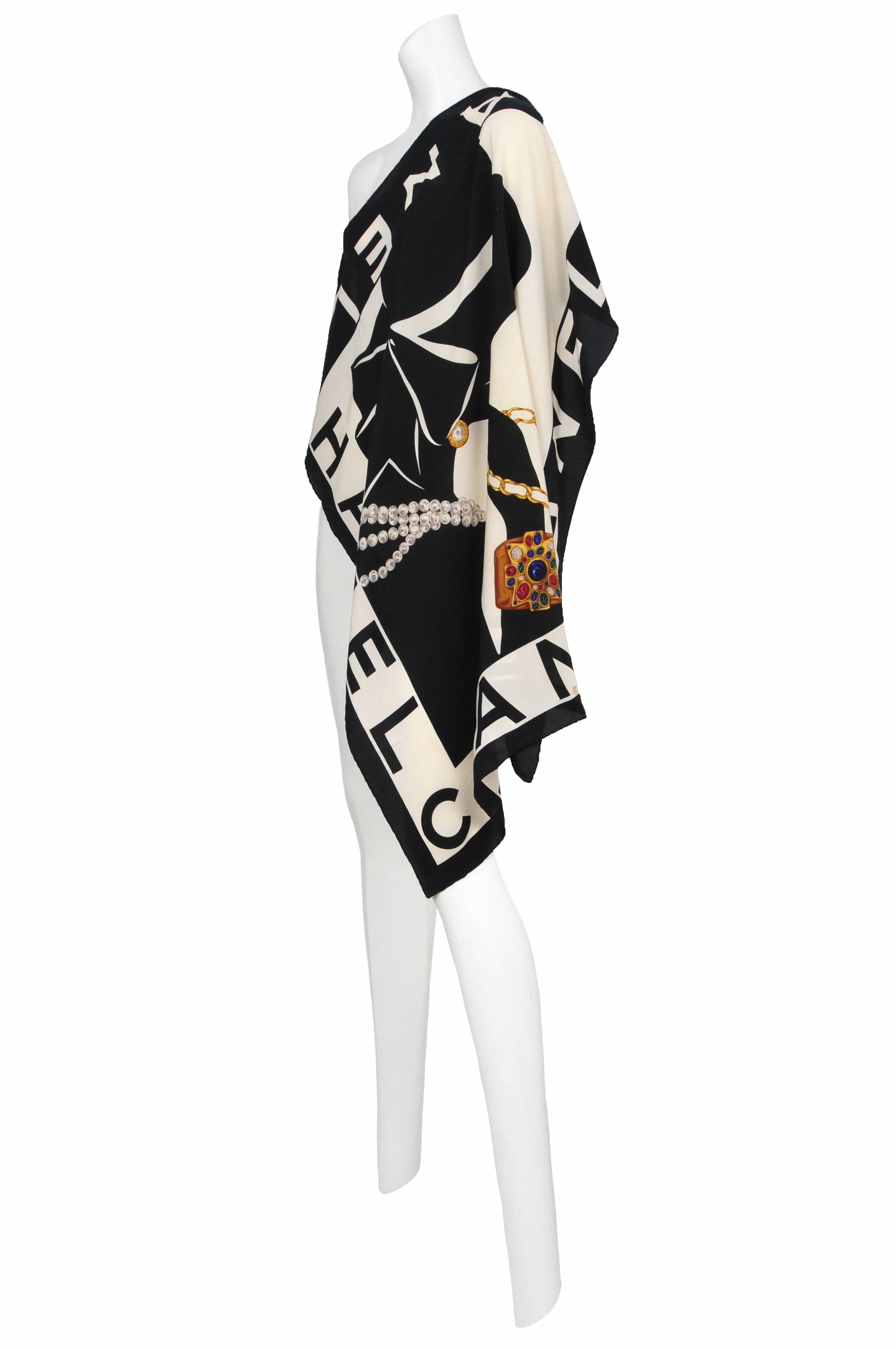 Vintage Chanel silk black and cream square scarf featuring a hand rolled hem and jewelry adorned lady print. 