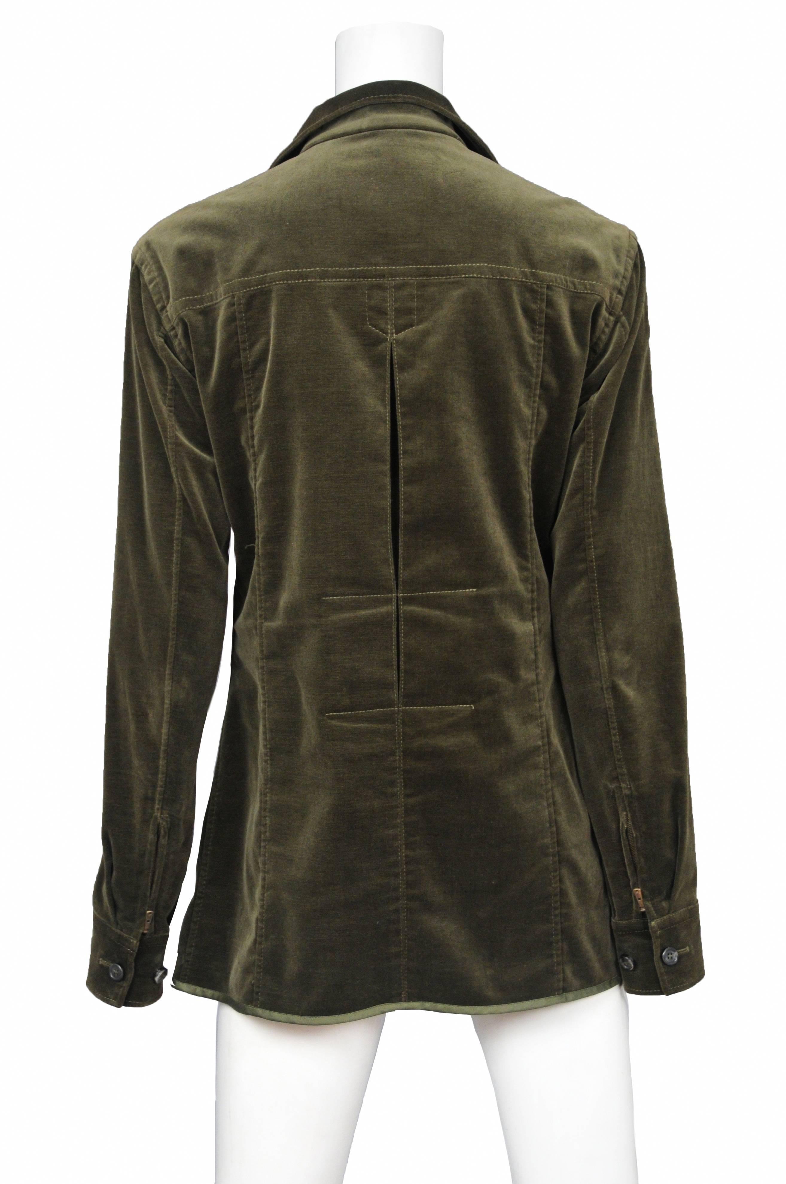 Vintage Tom Ford for Yves Saint Laurent olive green velvet safari jacket featuring a lace up and zipper front entrance and pockets at the chest and front hips.