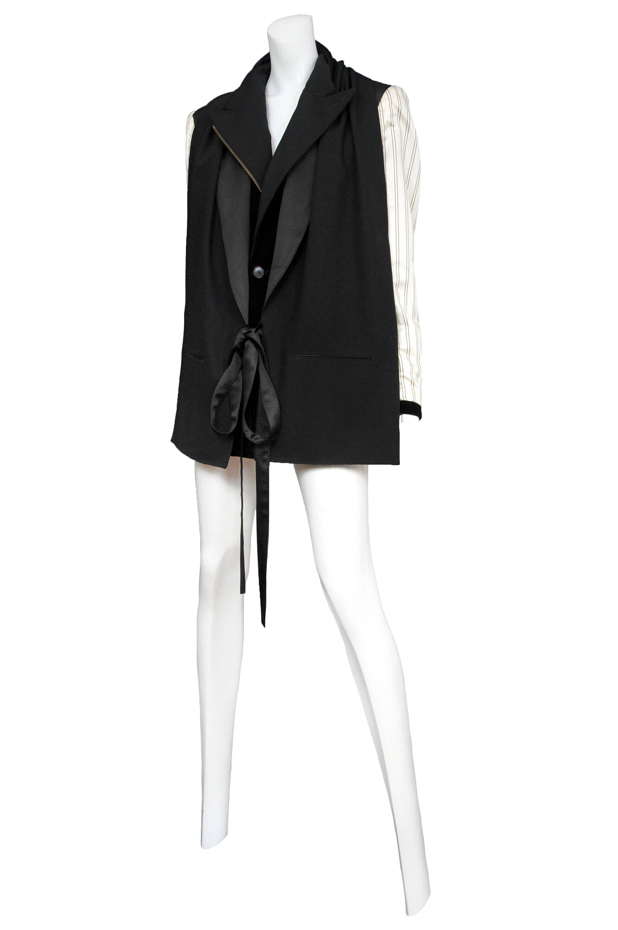 Vintage Jean Paul Gaultier black darted, ivory striped sleeve blazer featuring black corduroy trim along the front and around the vented pockets at the chest. The blazer comes with a matching shawl featuring vented pockets and a satin tie that holds