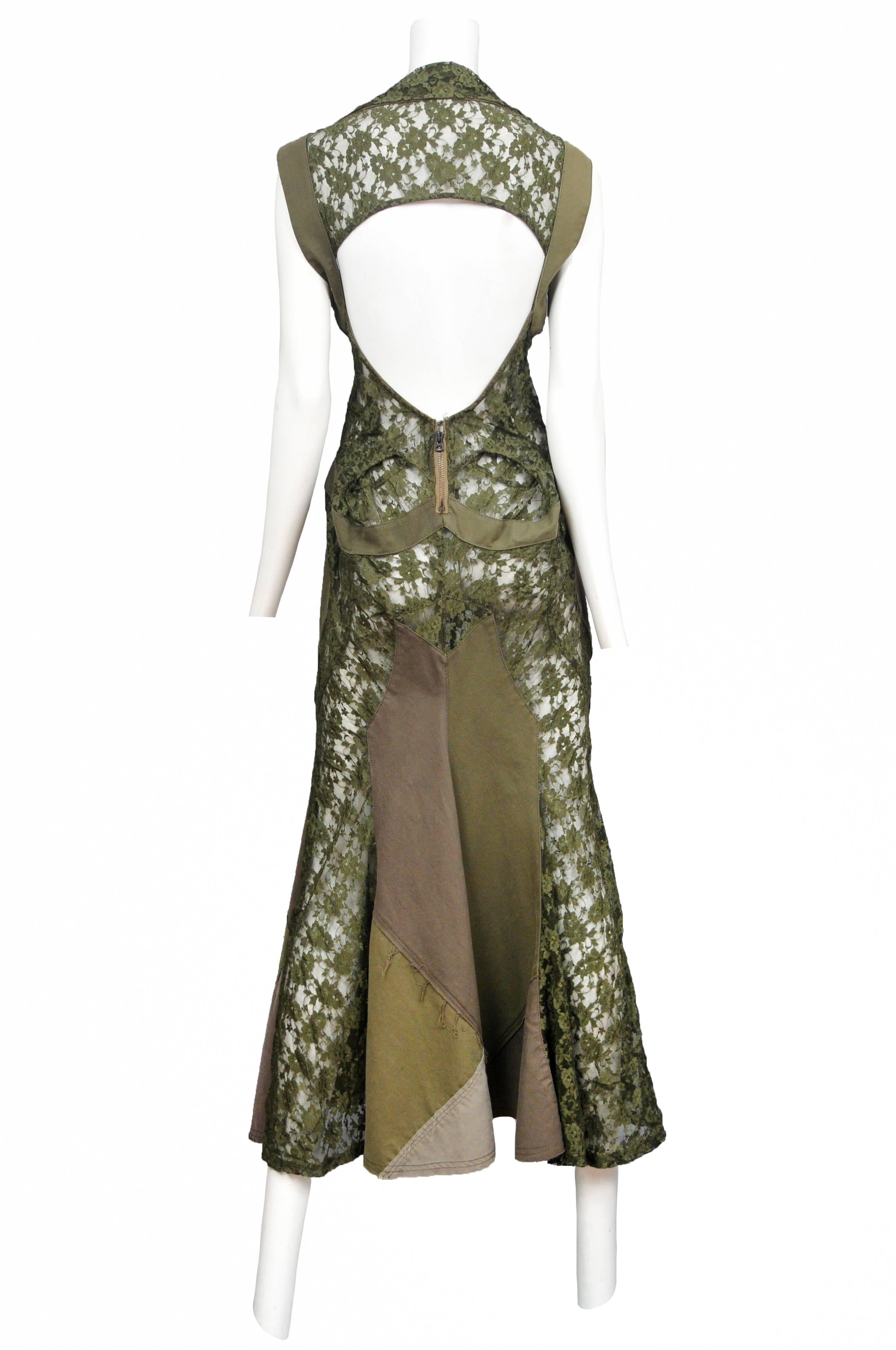 Vintage Junya Watanabe olive military lace open back maxi gown featuring panels of various shades of army green interspersed with olive green lace. From the Fall / Winter 2006 Collection.
