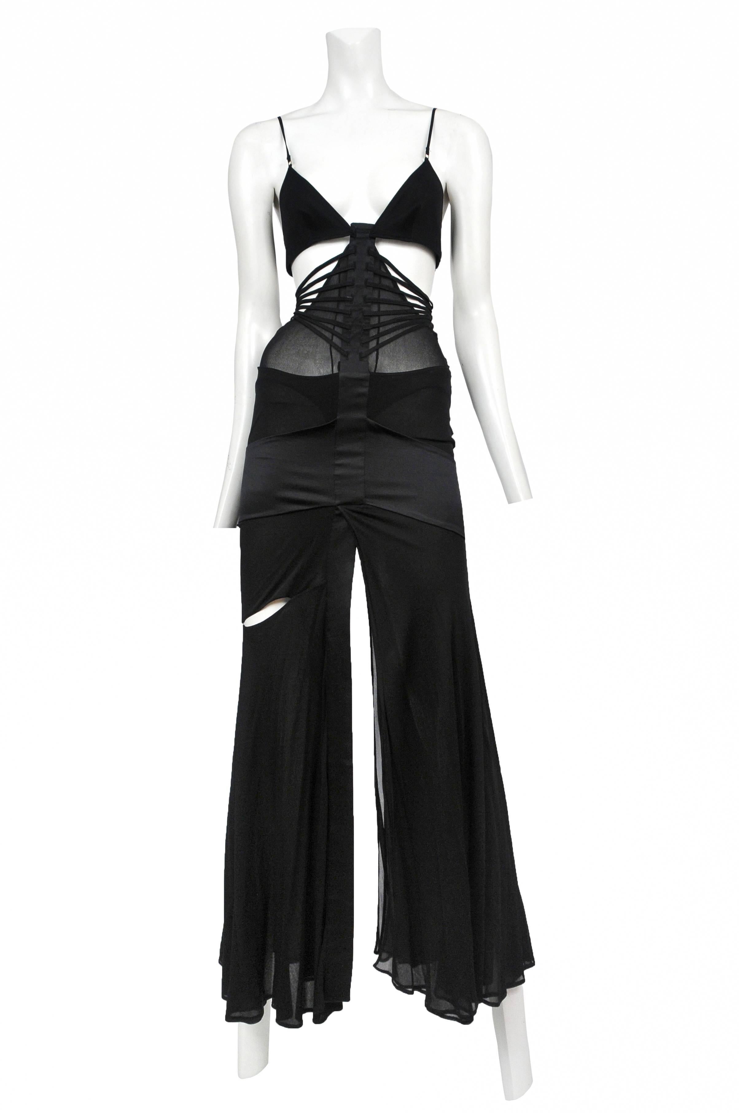 Vintage Tom Ford for Gucci Iconic Bondage Dress in black bias cut silk featuring corsetry detailing at the bodice, and built in body suit. Please contact for additional photos. 