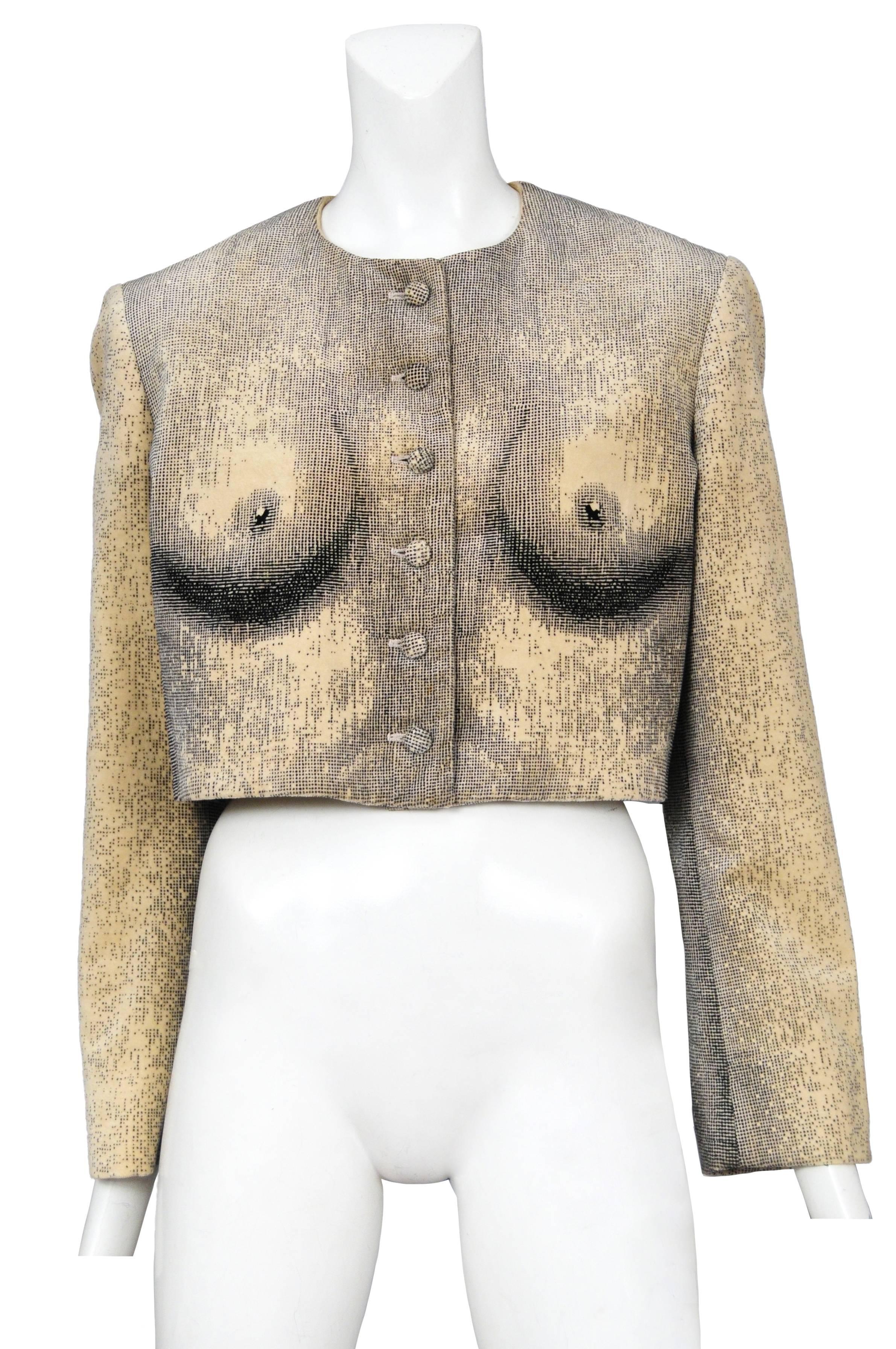 Vintage Moschino printed velvet button front jacket featuring a print of a nude woman's breasts and upper torso. Circa 1994. 