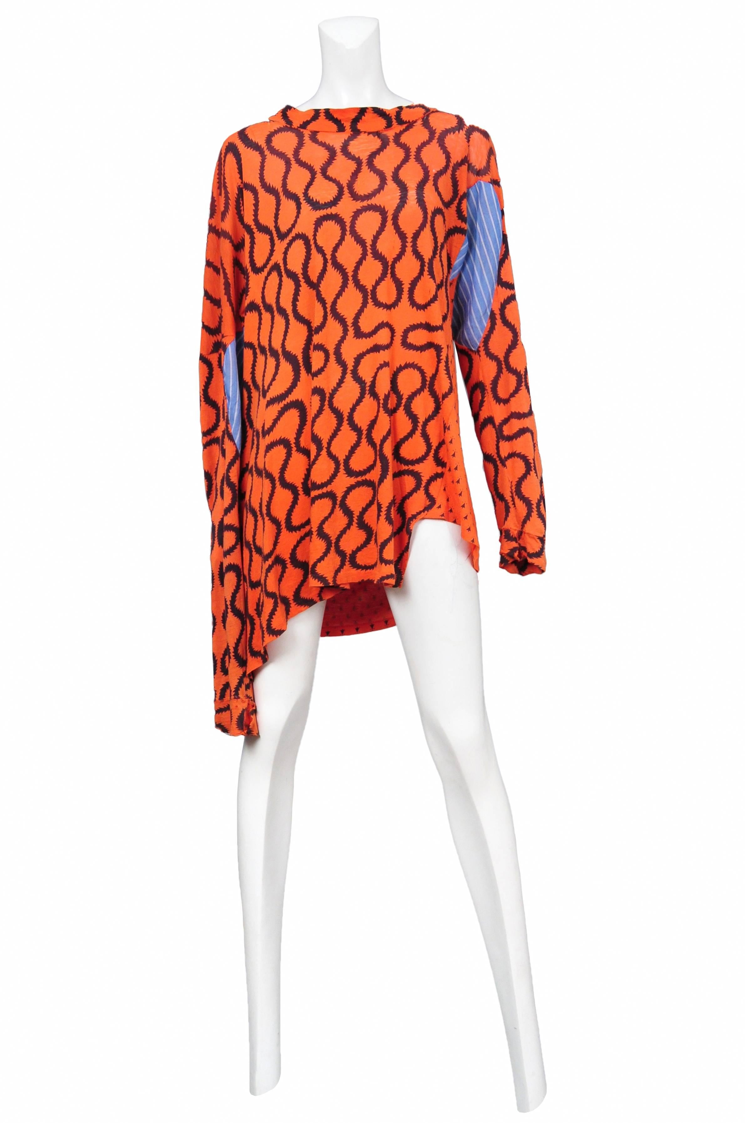 Westwood and McClaren Worlds End bright orange squiggle print pirate top with mens shirting inset. Circa 1981