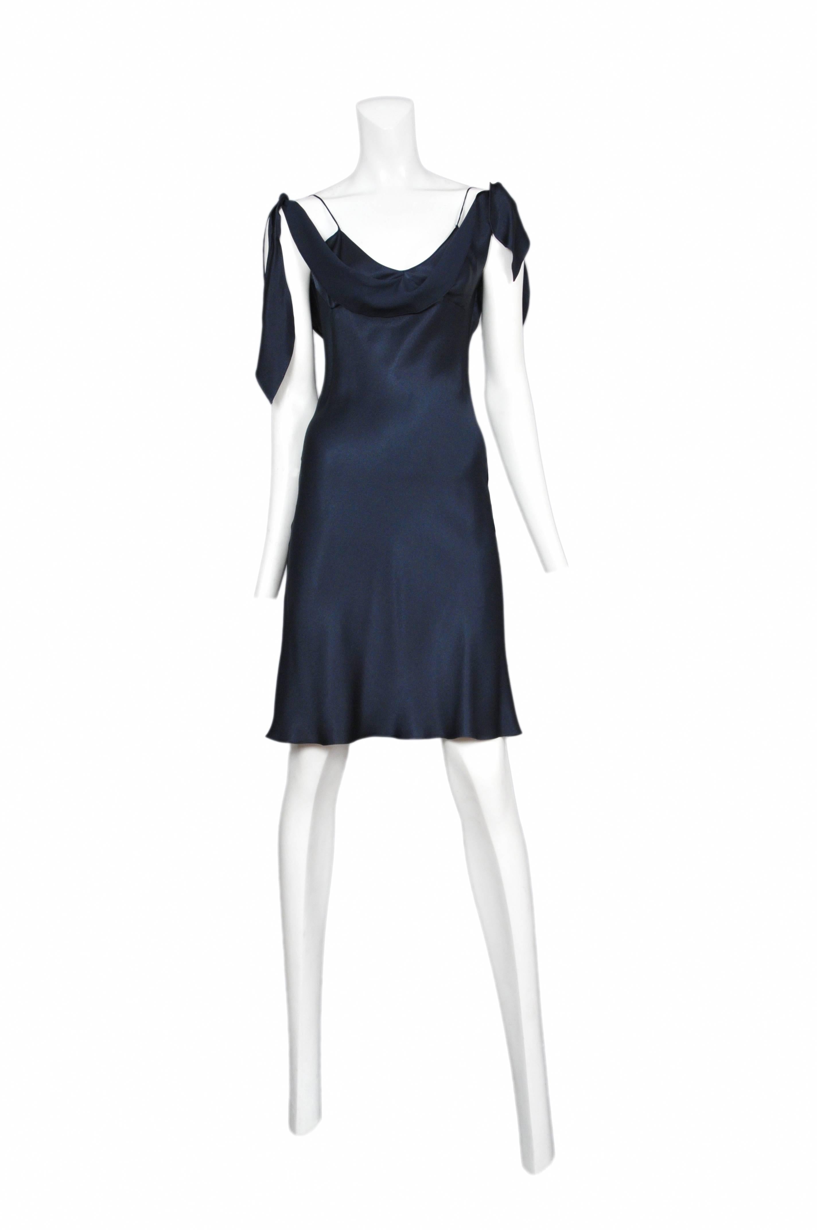 John Galliano navy rayon tank dress with ruffle front tie straps. 