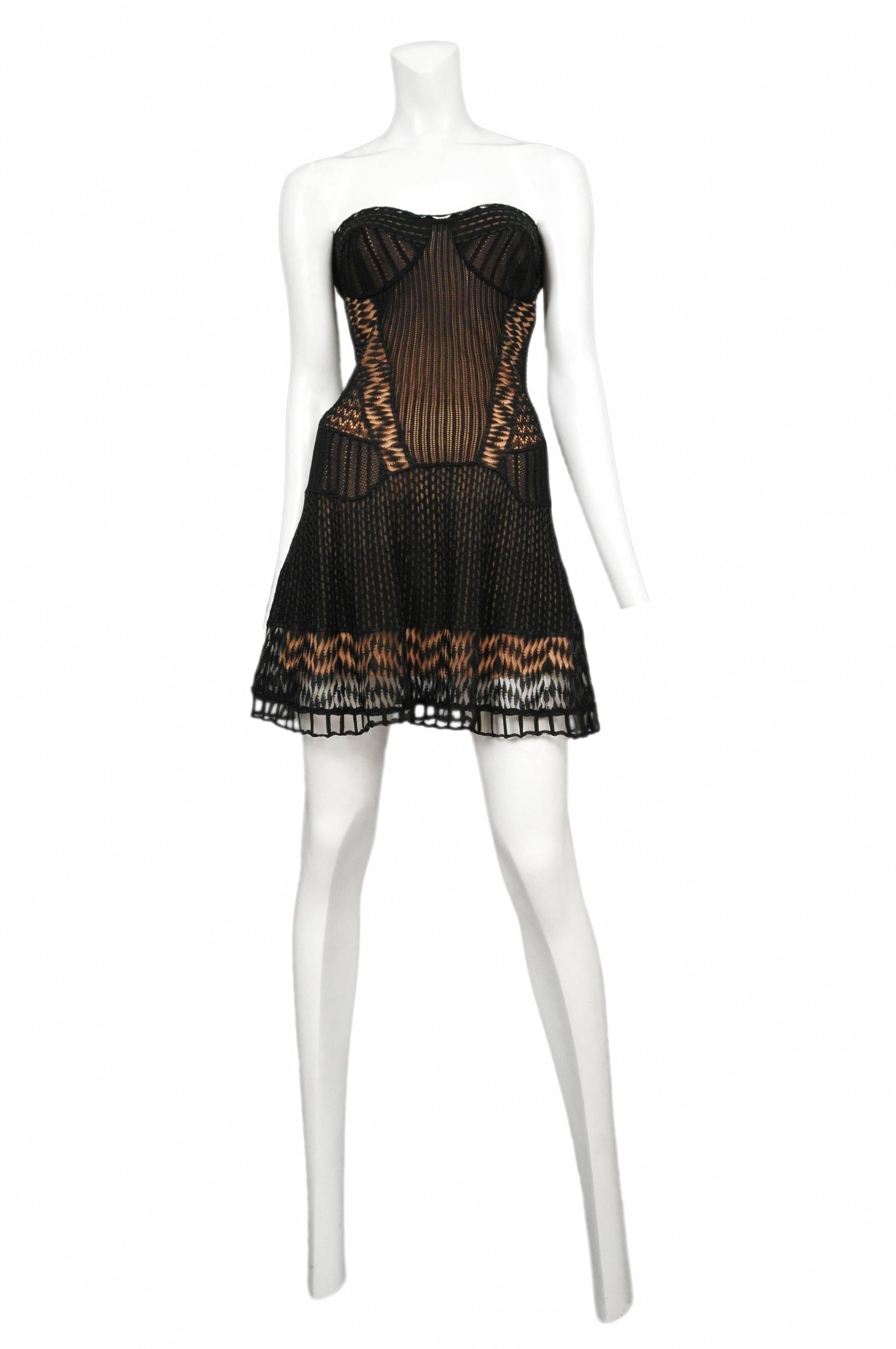 John Galliano for Christian Dior black crochet lace strapless dress with nude underlay. 