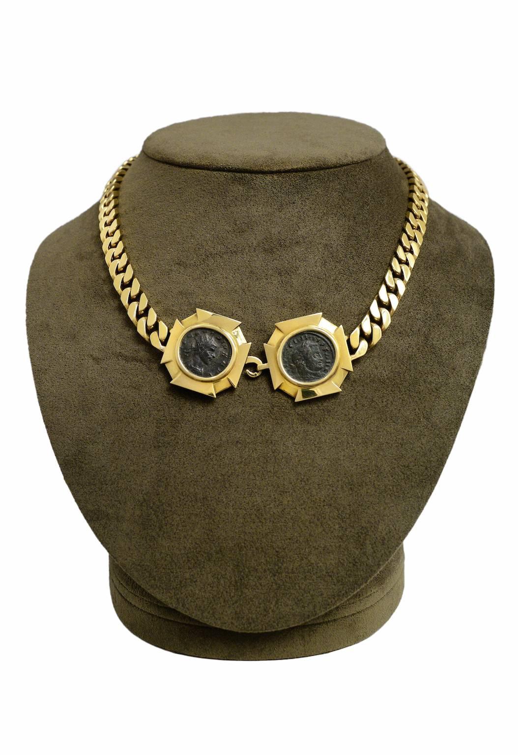 Bulgari Monete double ancient coin necklace with heavy gold curb-link chain. The coins date 307 - 325 and 260 - 270 AD. Stamped BULGARI ITALY on clasp. Necklace circa 1970's.

*Please contact for addition images or information. 
