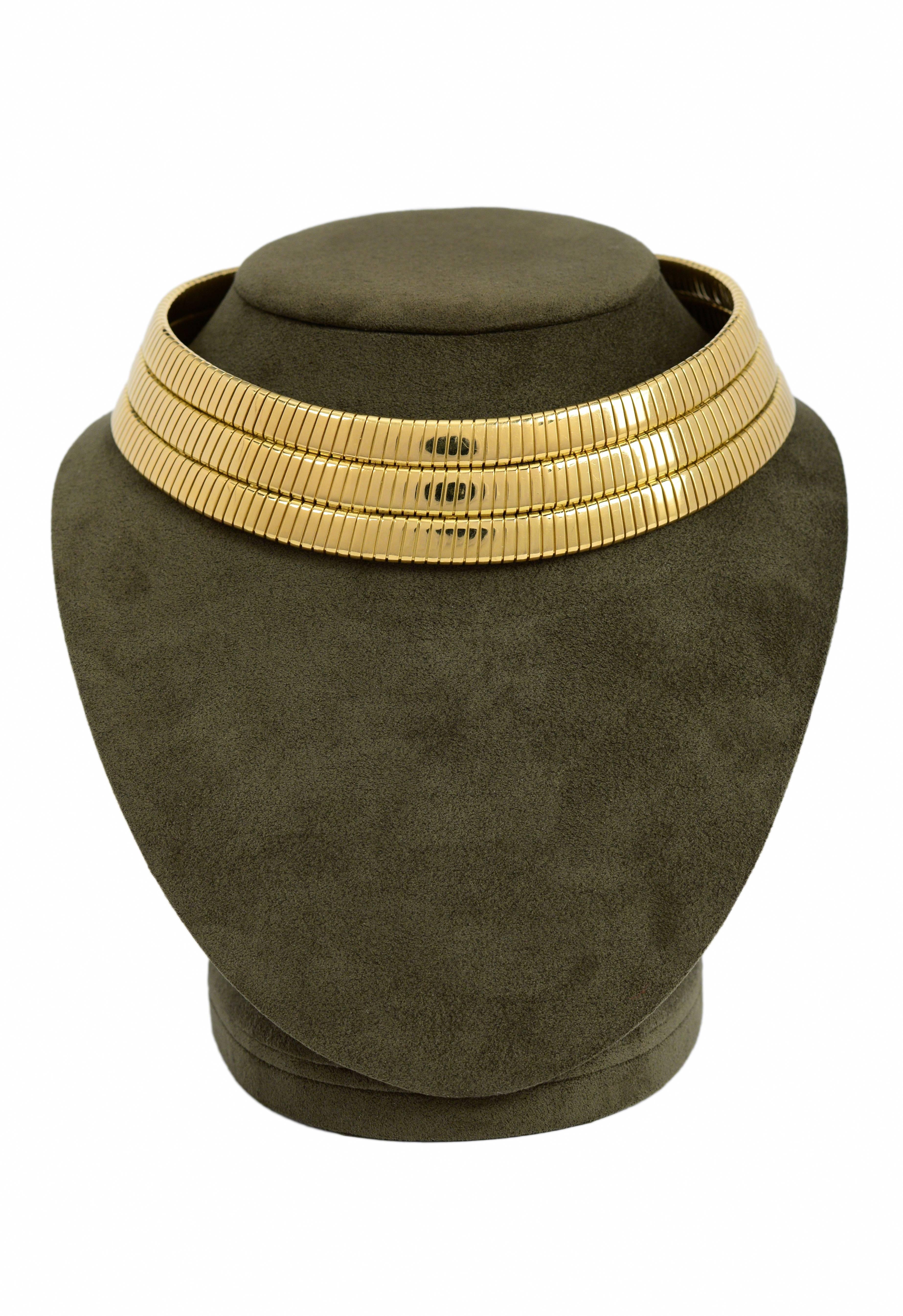 A rare Bulgari 18K gold three-row Tubogas choker necklace. Stamped BULGARI on back of clasp. Circa 1970's.

*Please contact for addition images or information. 