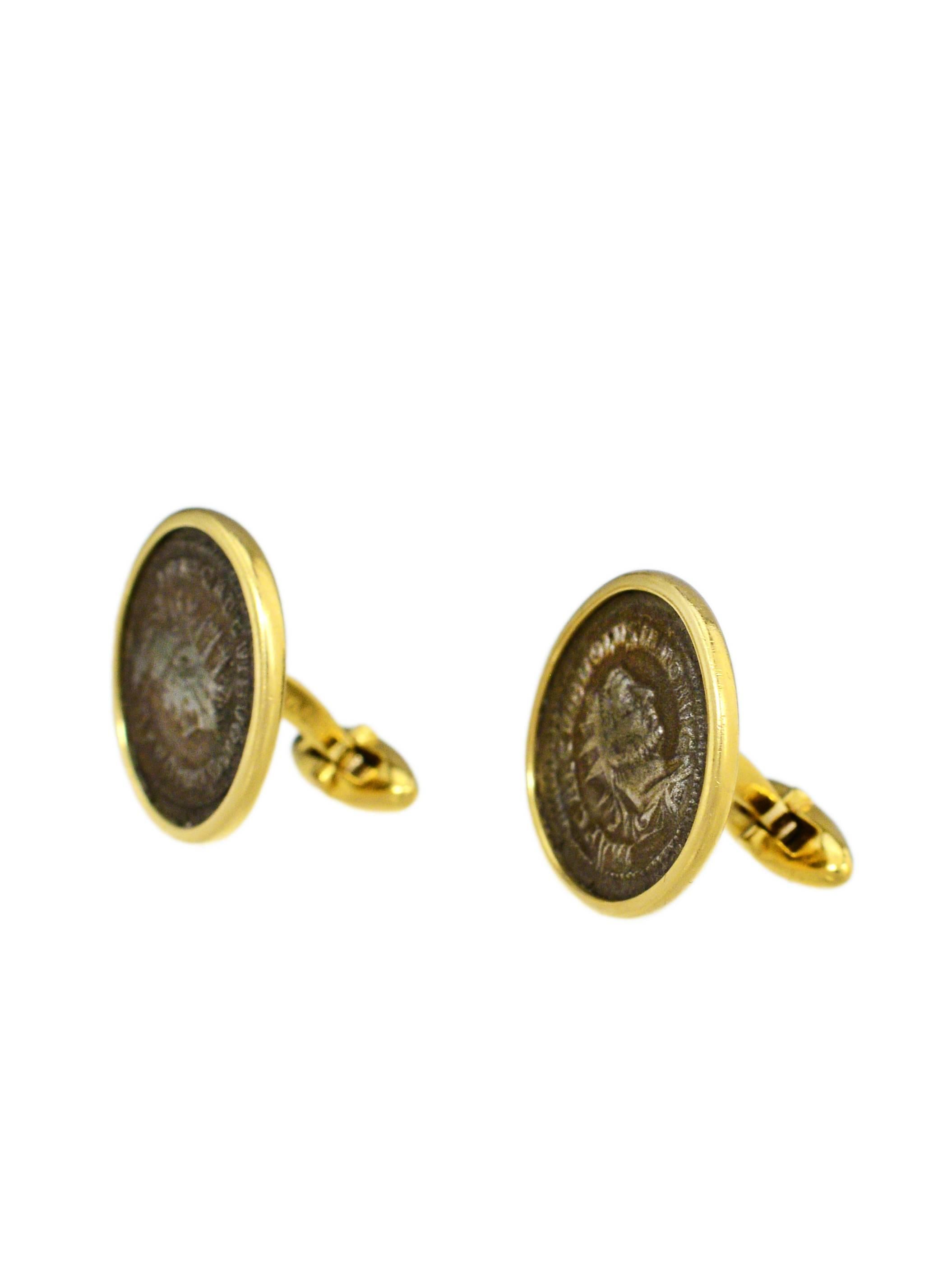 A pair of Bulgari 18K gold cufflinks with ancient coins. Coins date from 251 - 254 AD. Stamped BULGARI on reverse. Circa 1980's.

*Please contact for addition images or information. 