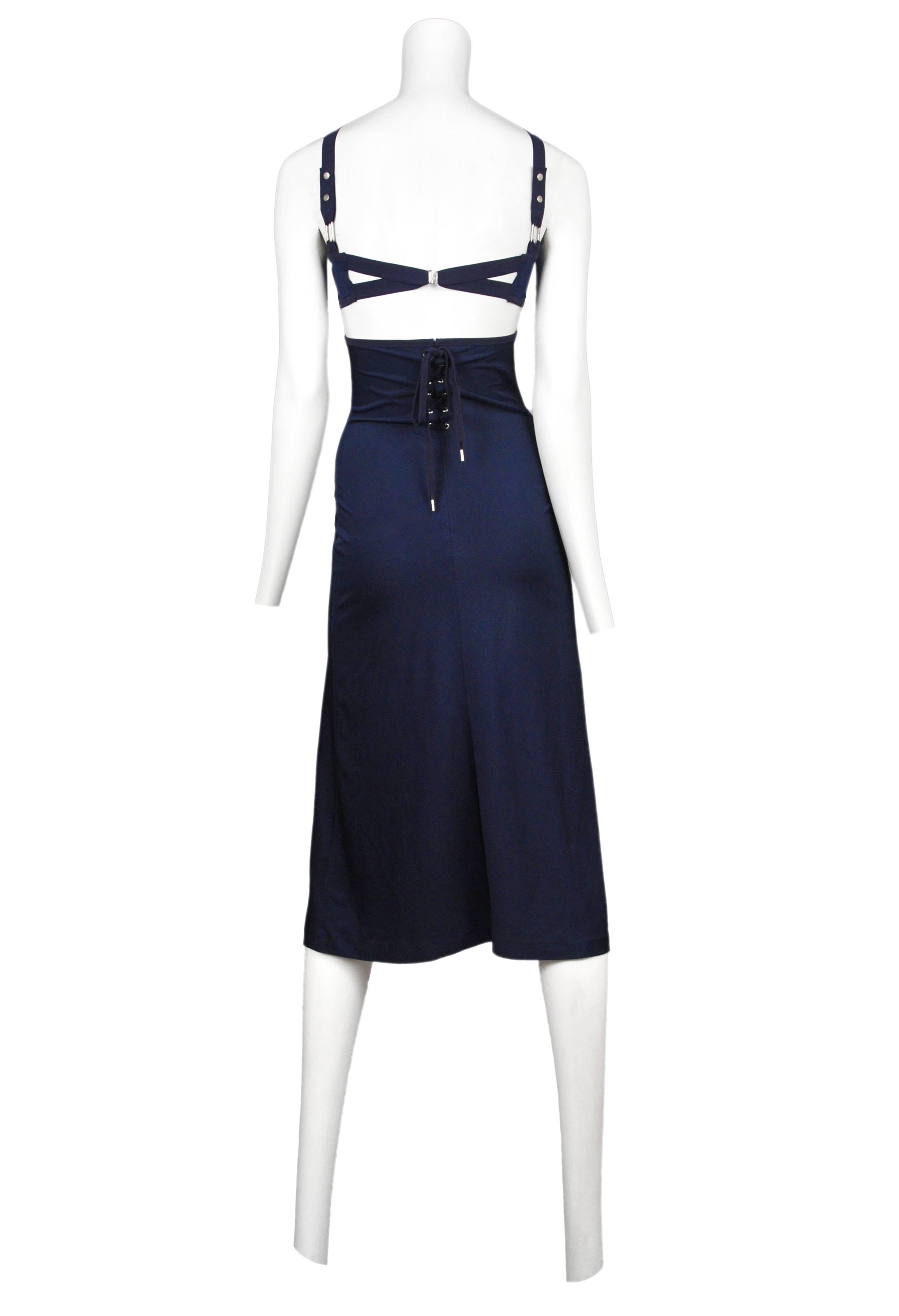 Gaultier navy jersey dress with bustier front with interesting strap detail and lace up back. Circa 1992