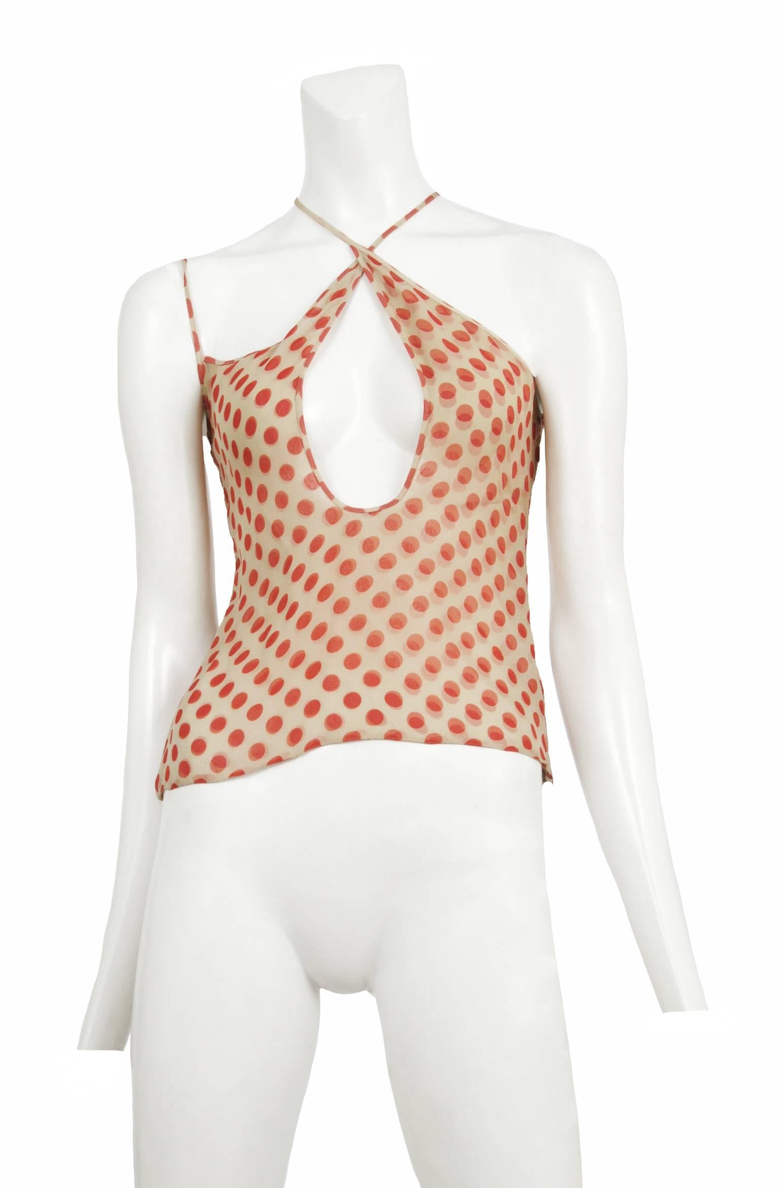 Vintage Alexander McQueen beige and red polka dot asymmetrical silk top with large keyhole at front. From The Dance of the Twisted Bull Spring / Summer 2002 Collection.