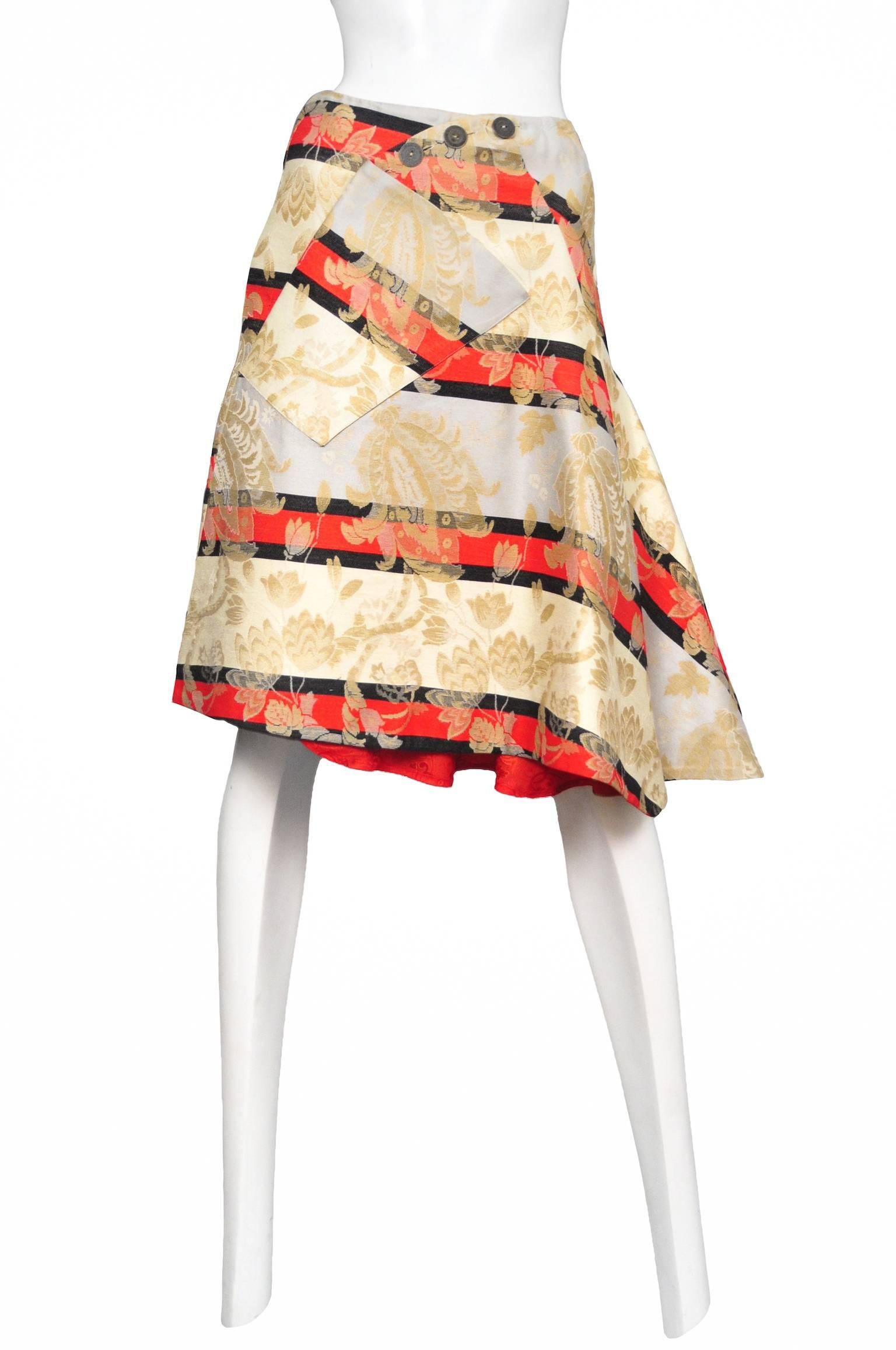 Vintage Alexander McQueen white, red and gold striped brocade skirt with flap button panel. From the Eye Spring / Summer 2000 Collection.