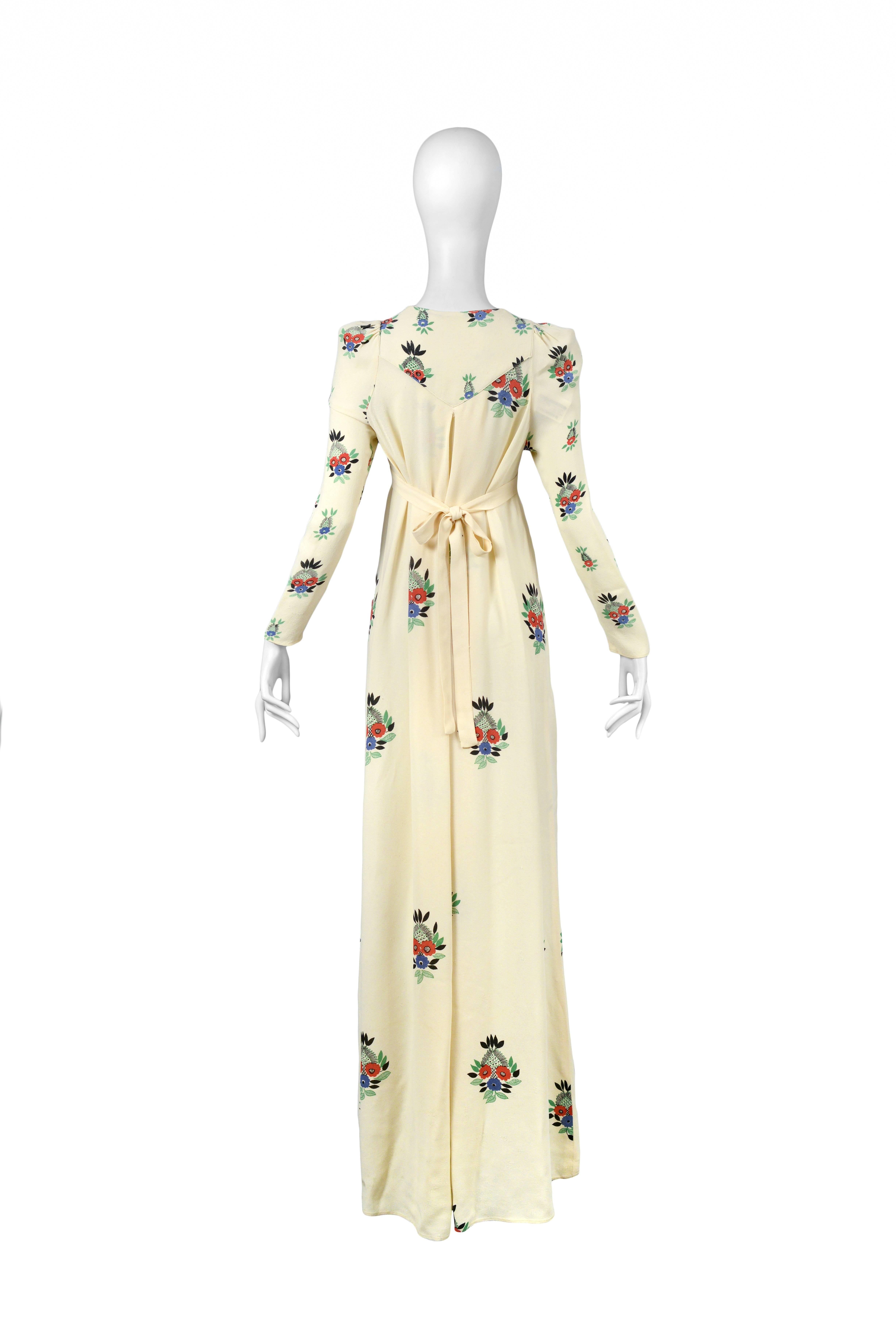 Ossie Clark Ivory Moss Crepe Gown with Floral Print by Celia Birtwell, 1970 In Excellent Condition In Los Angeles, CA