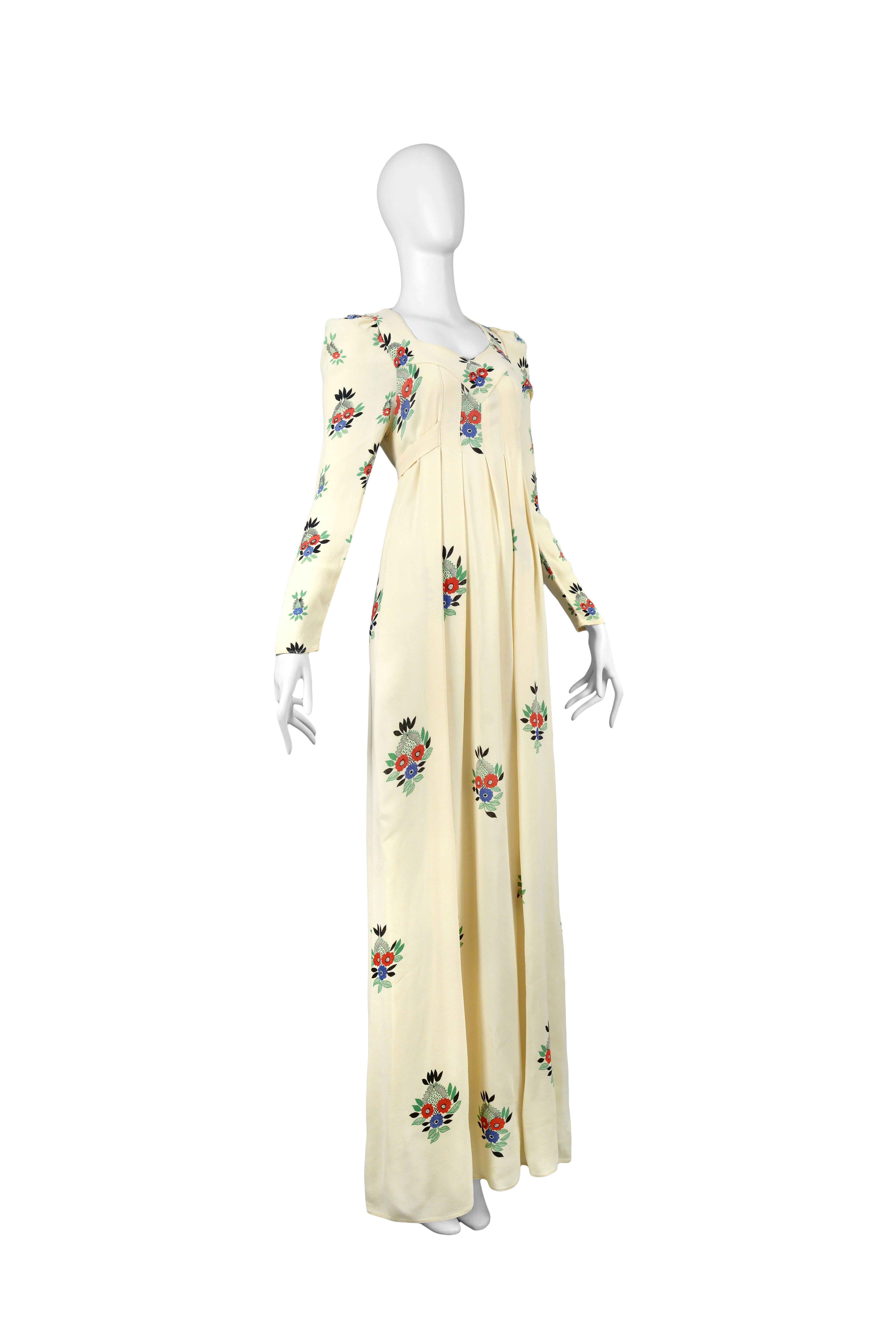 Beige Ossie Clark Ivory Moss Crepe Gown with Floral Print by Celia Birtwell, 1970