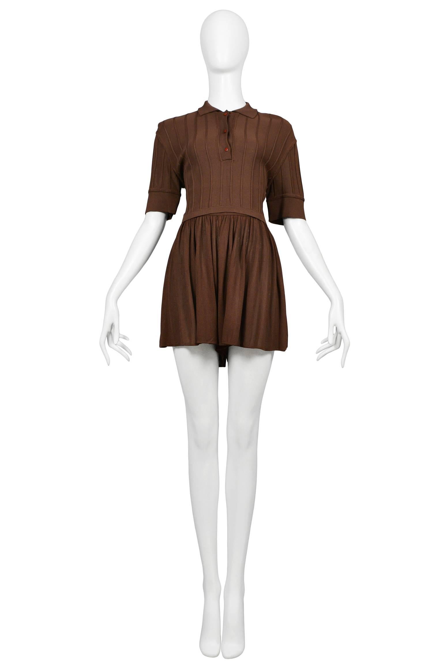 Vintage Azzedine Alaia brown knit ensemble featuring a short sleeve ribbed top with button front, polo collar and bands at sleeves. Shorts feature easy full leg and high waistband. 
