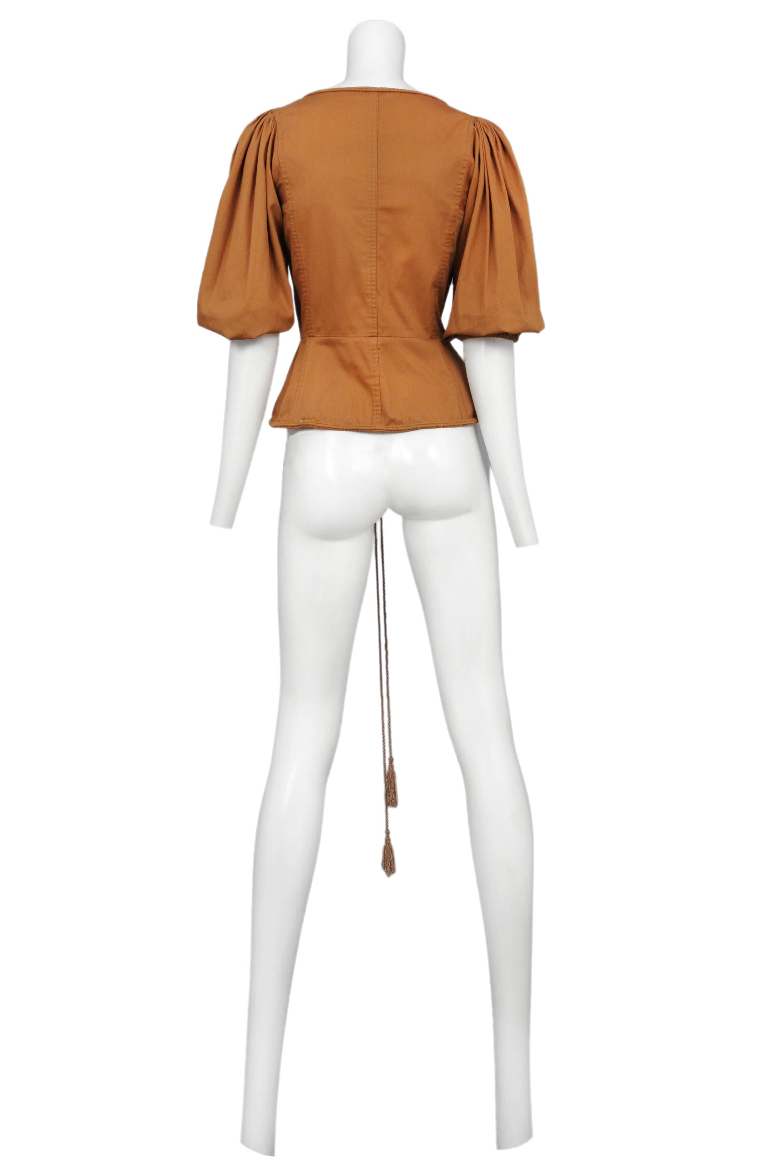 Yves Saint Laurent Khaki Safari Lace Up Peasant Top In Excellent Condition In Los Angeles, CA
