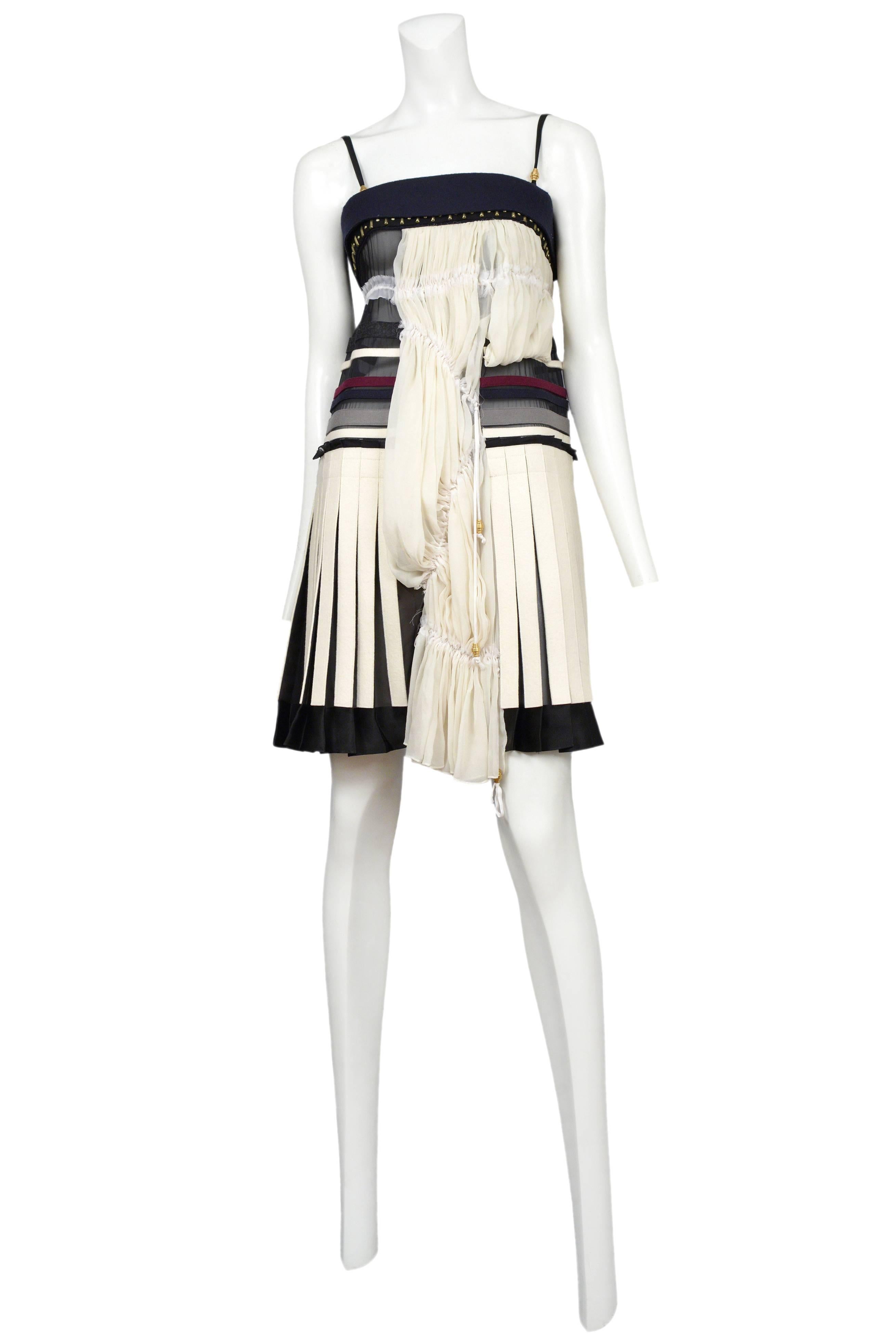 Vintage Nicolas Ghesquière for Balenciaga above the knee dress featuring spaghetti straps adorned with gold tone beads, a navy wool banded cuff at the top of the bust followed by a black row of brass studs that anchors black chiffon topped with