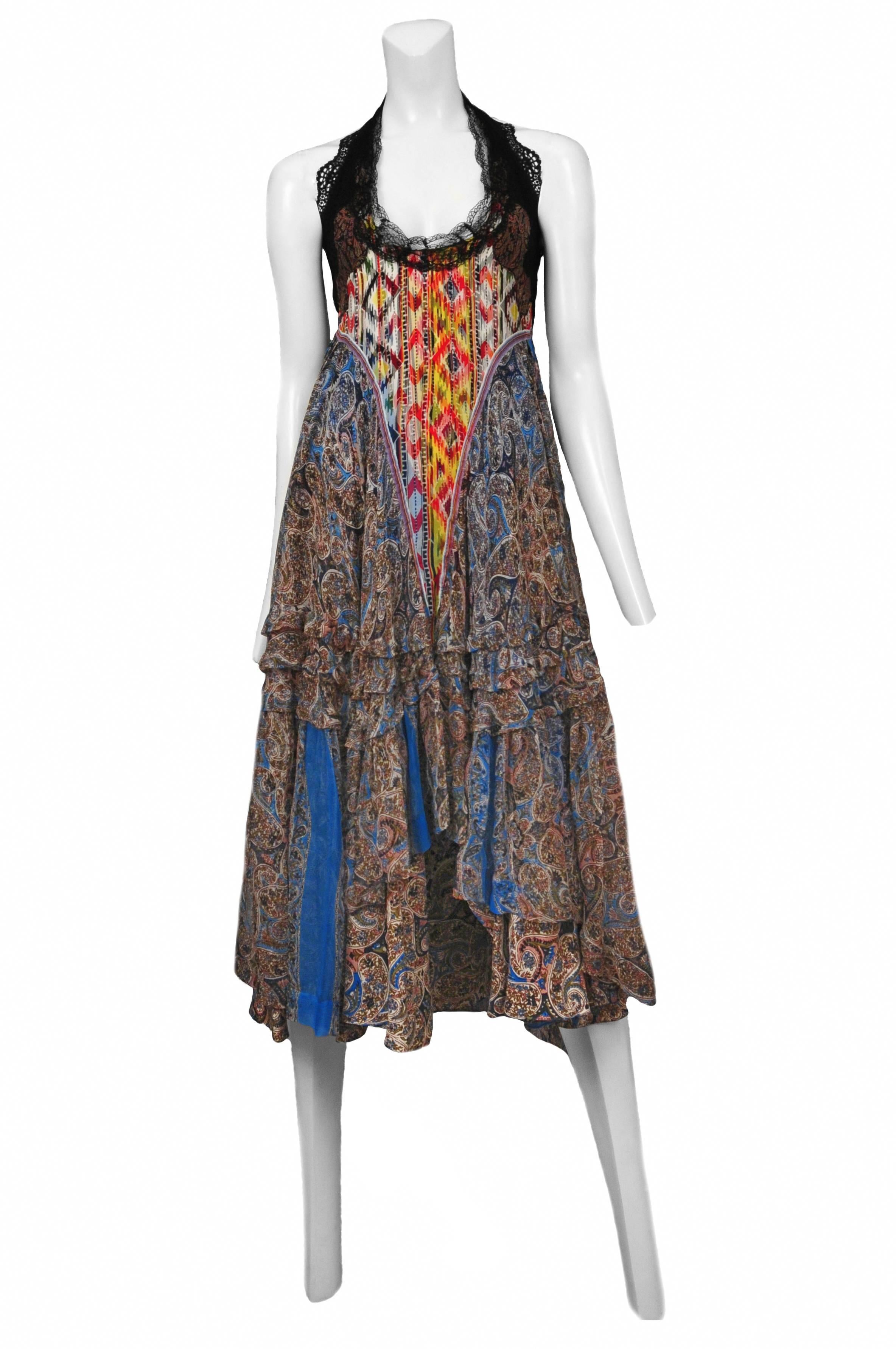 Vintage Nicolas Ghesquière for Balenciaga printed chiffon bohemian style party dress featuring a halter neck, full shirt with insets and lace trim. Circa 2005.