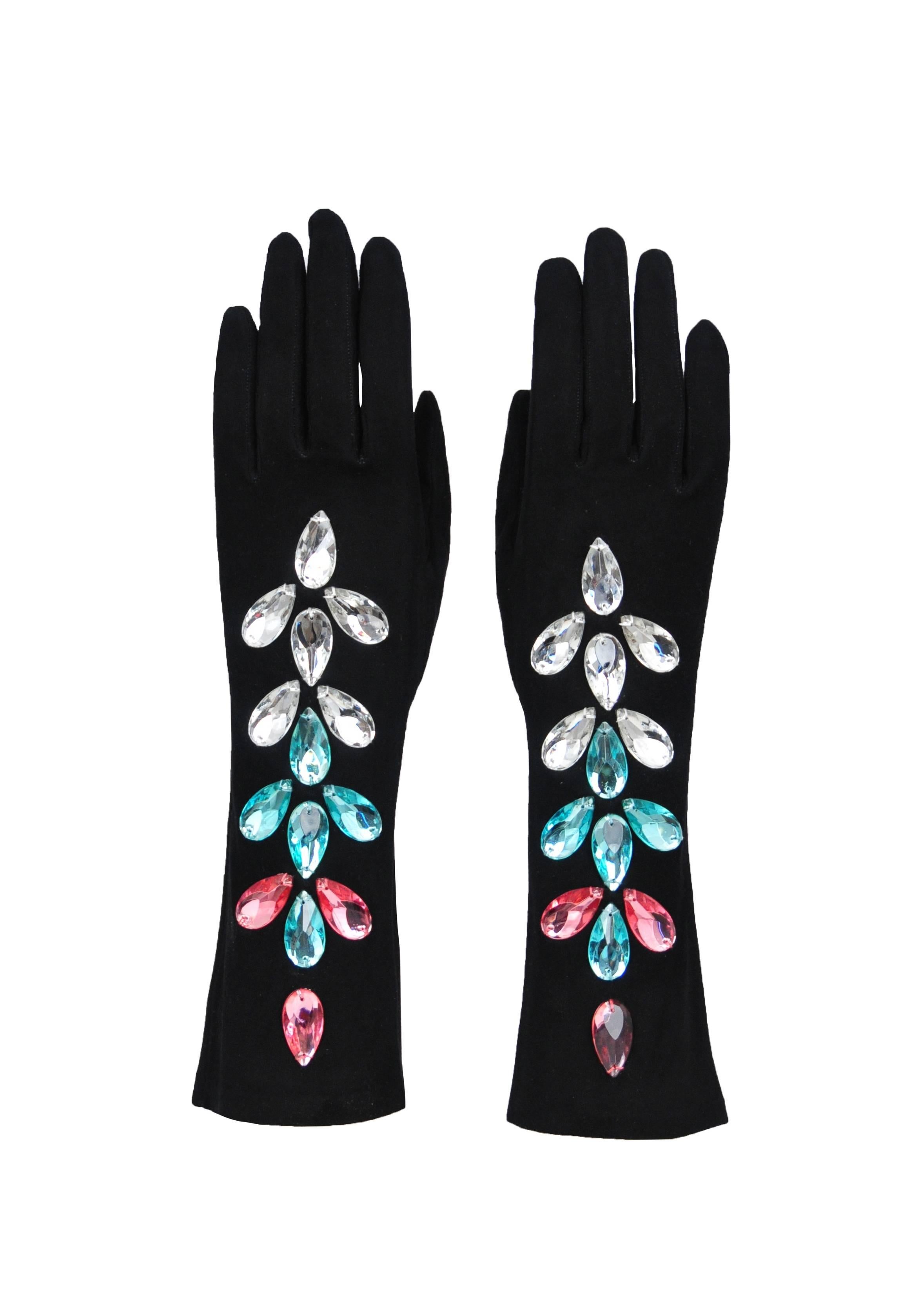 Vintage Yves Saint Laurent black suede gloves adorned with pink, turquoise and clear pear shaped crystal beads.