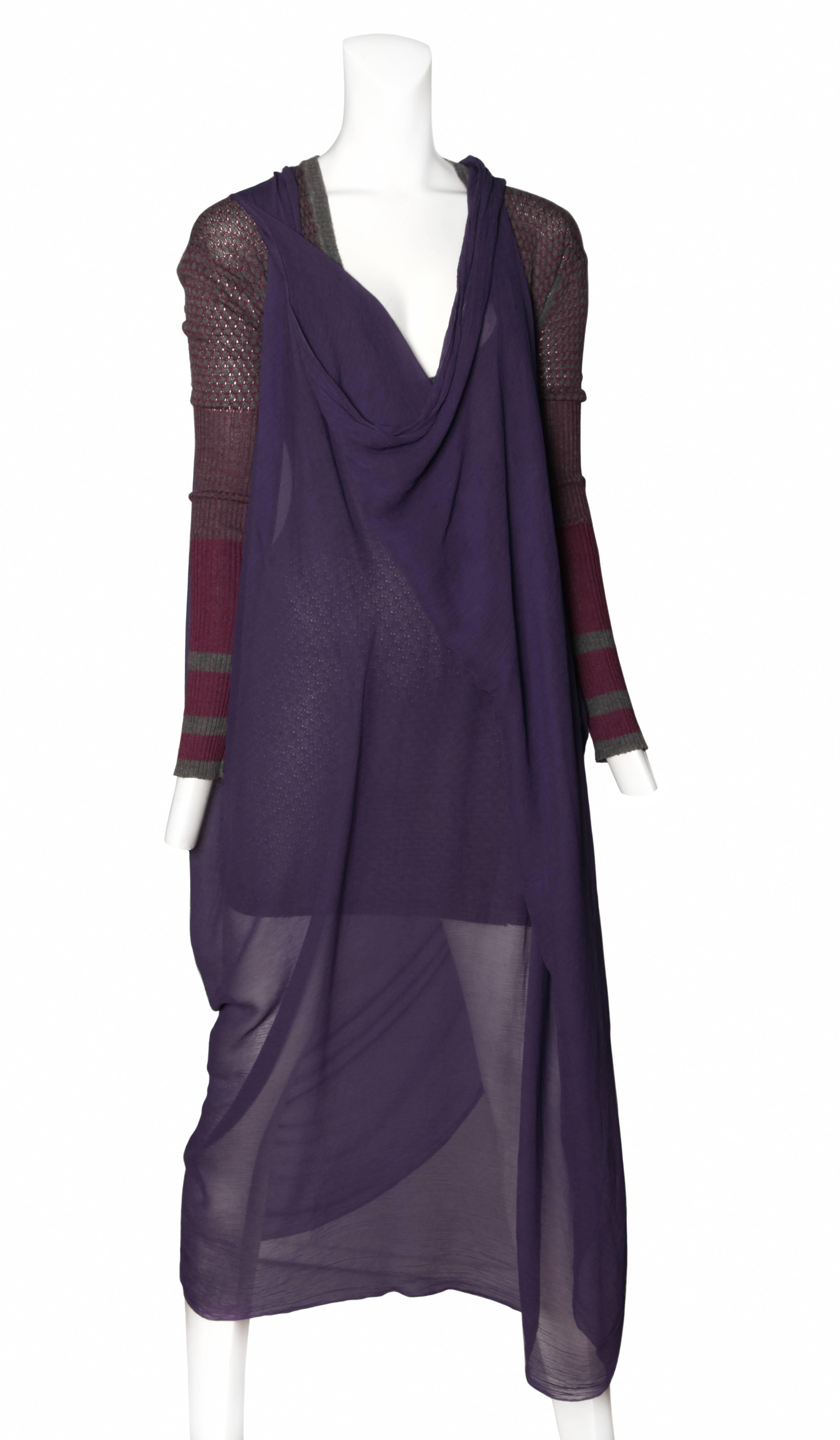 Vintage Vivienne Westwood purple rib knit long sleeve sweater dress with crinkle chiffon toga overlay.
Please inquire for additional images.