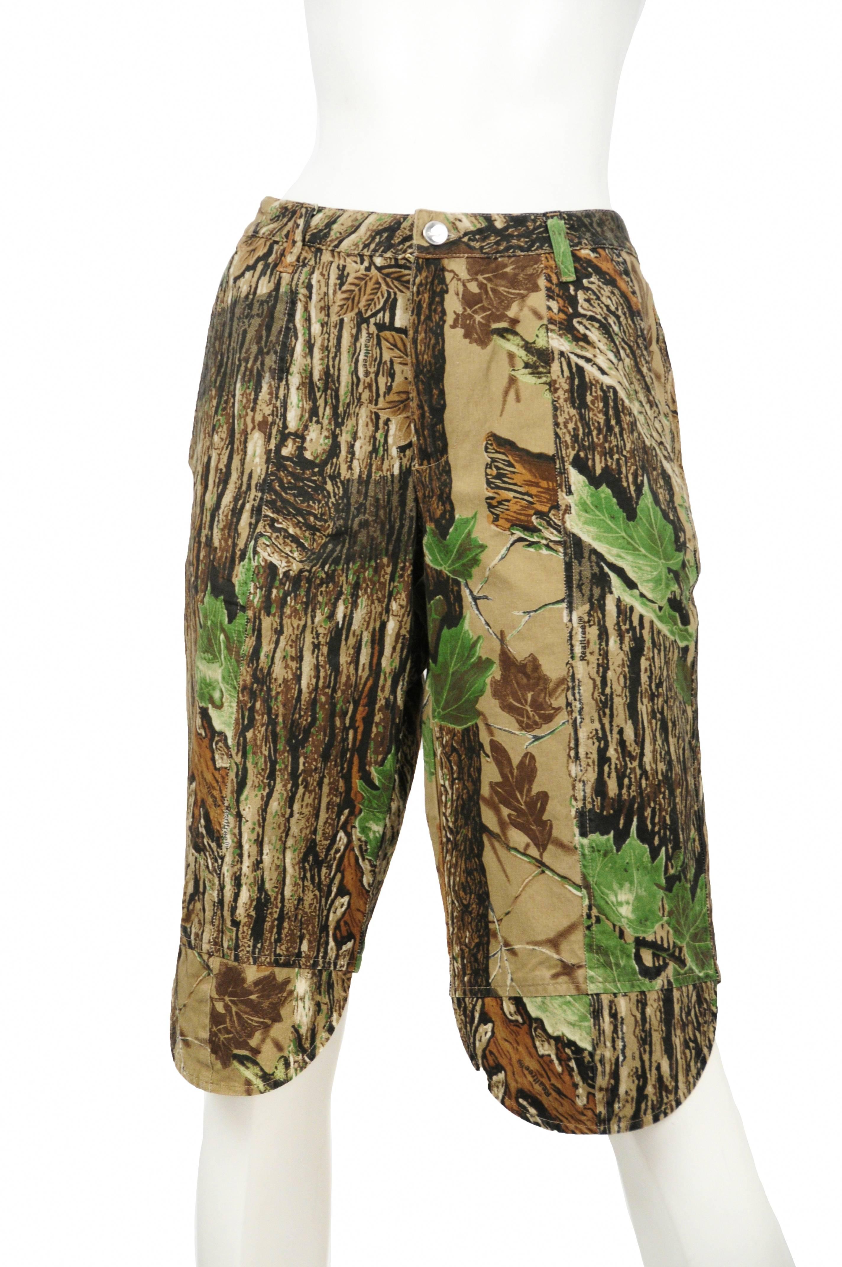 Vintage Wild and Lethal Trash cotton leaf print hunting shorts with front pockets and round extended knee flap designed. Circa 1999.