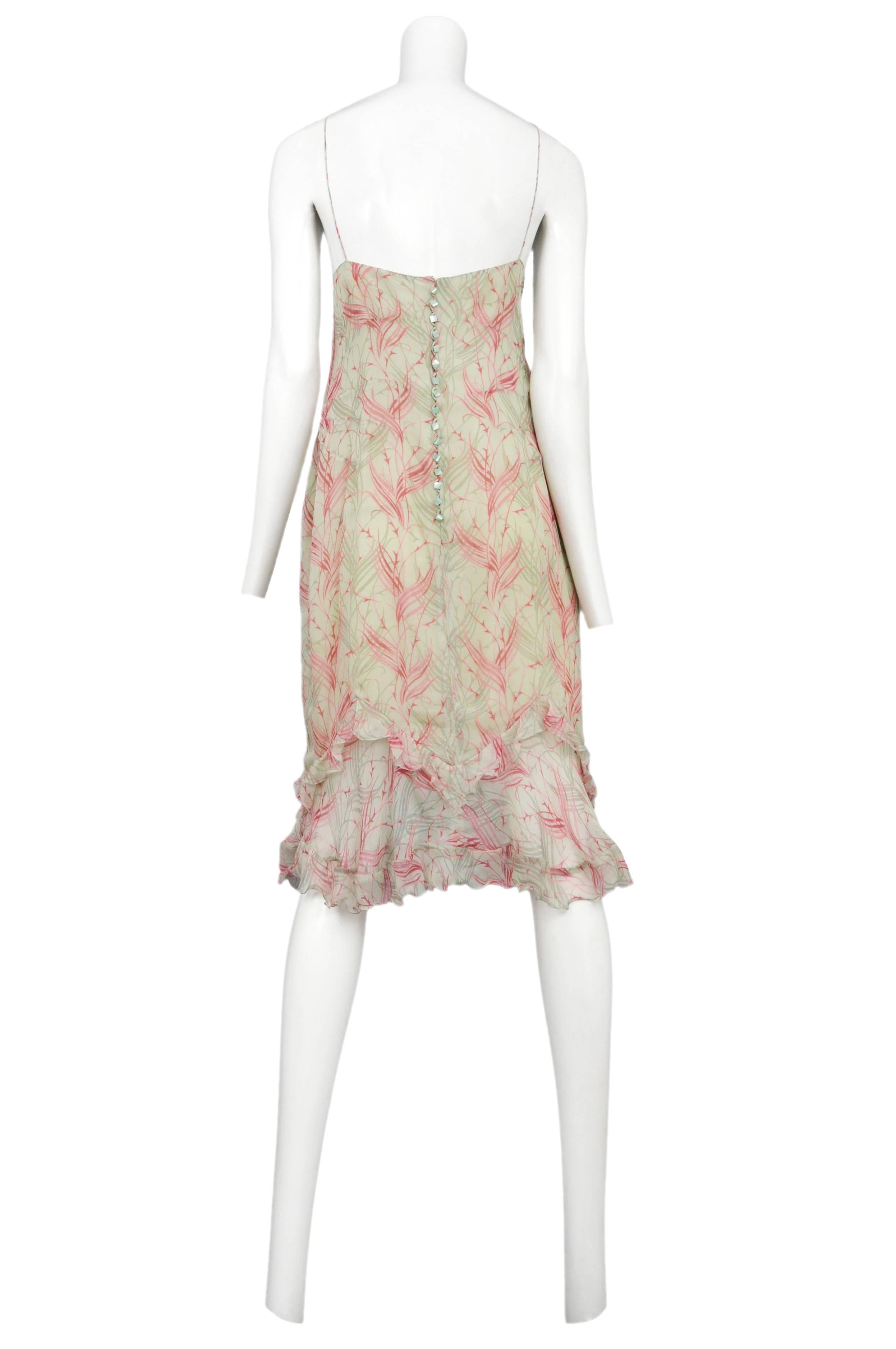 Beige Chloe Green & Pink Feather Print Slip Dress 1999