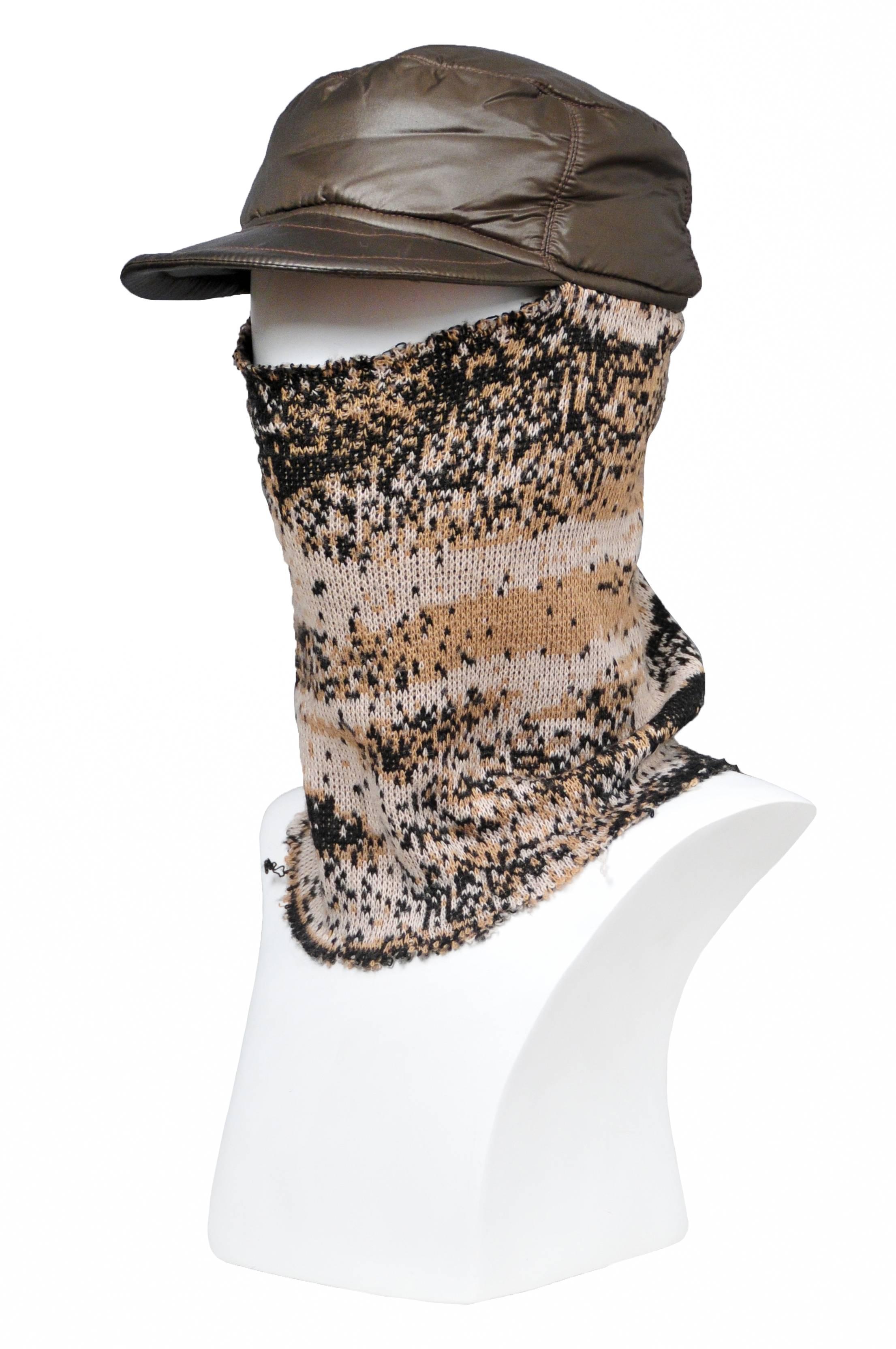 Raf Simons brown nylon hat with bill and attached digital camouflage knit print scarf or balaclava. Easy fit. Excellent condition. Circa 2002-03.
