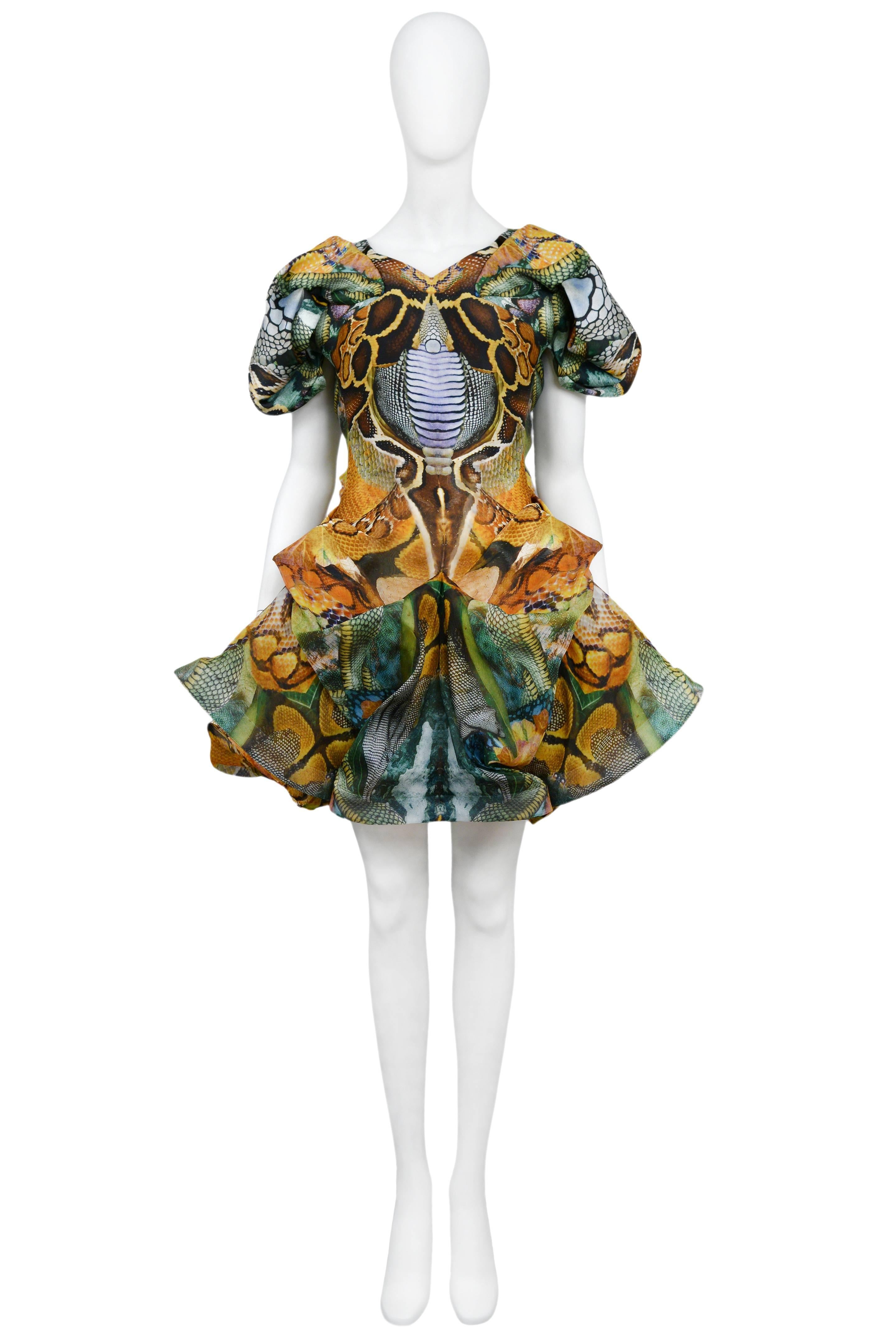 Vintage Alexander McQueen Plato's Atlantis organza dress featuring an allover multi-color digital print, short gathered sleeves and various tucks and gathers throughout the above the knee skirt. Runway piece from the Spring / Summer 2010 Collection.